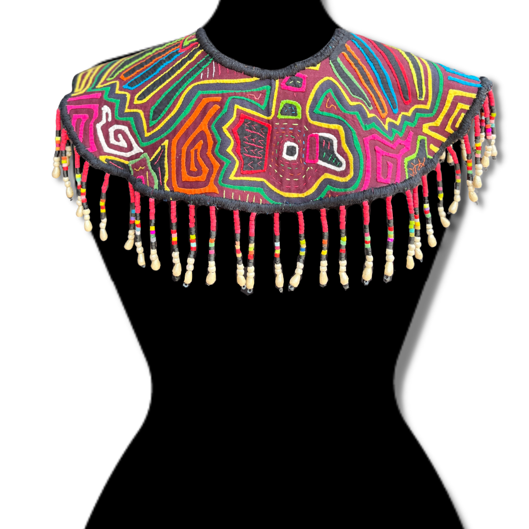 Textile Cape with Beaded Body Chains - "Mola Capa", Magenta Multicolor