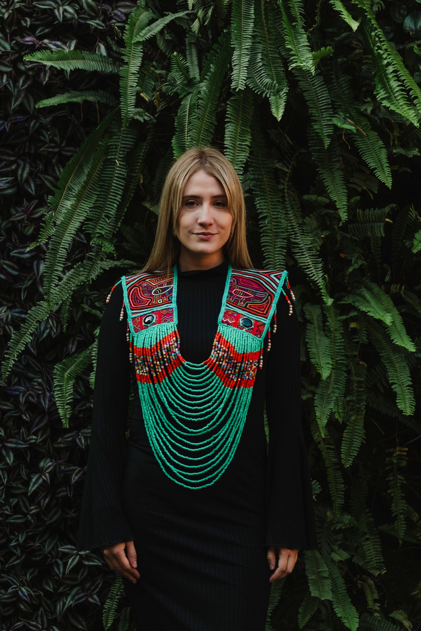Ceremonial Mola Textile Necklace with Jade & Handmade Ceramic Beads, Turquesa