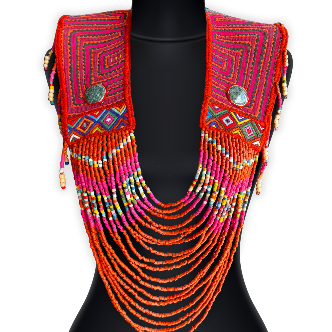 Ceremonial Mola Textile Necklace with Jade & Handmade Ceramic Beads, Red ceremony