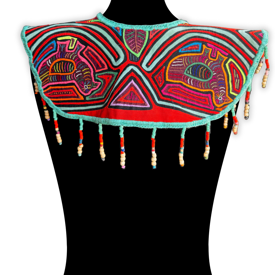 Ceremonial Mola Textile Necklace with Jade & Handmade Ceramic Beads, Turquesa