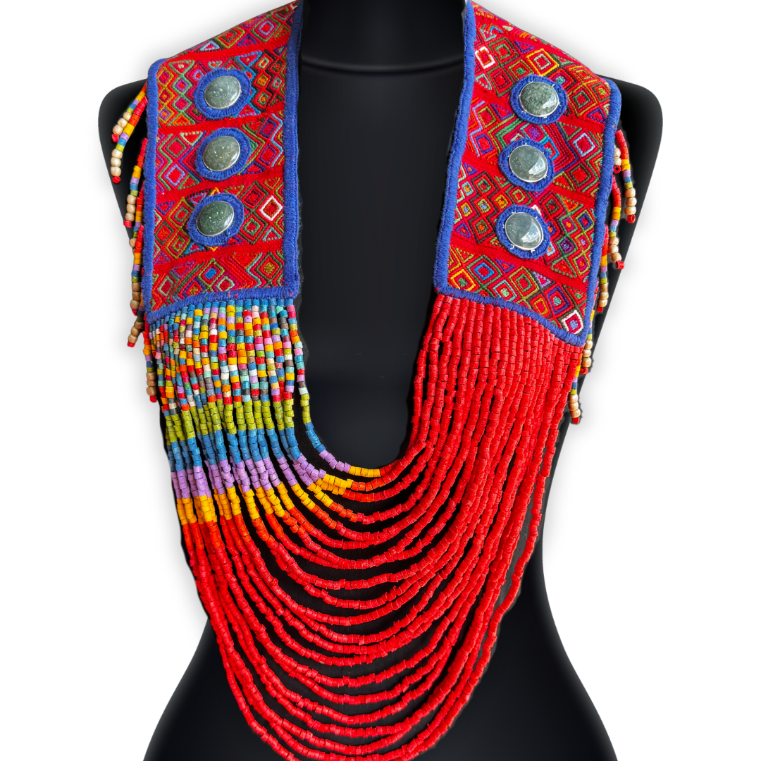 Ceremonial Shoulder Piece with Jade Stones and Beaded Chains - Red Rainbow