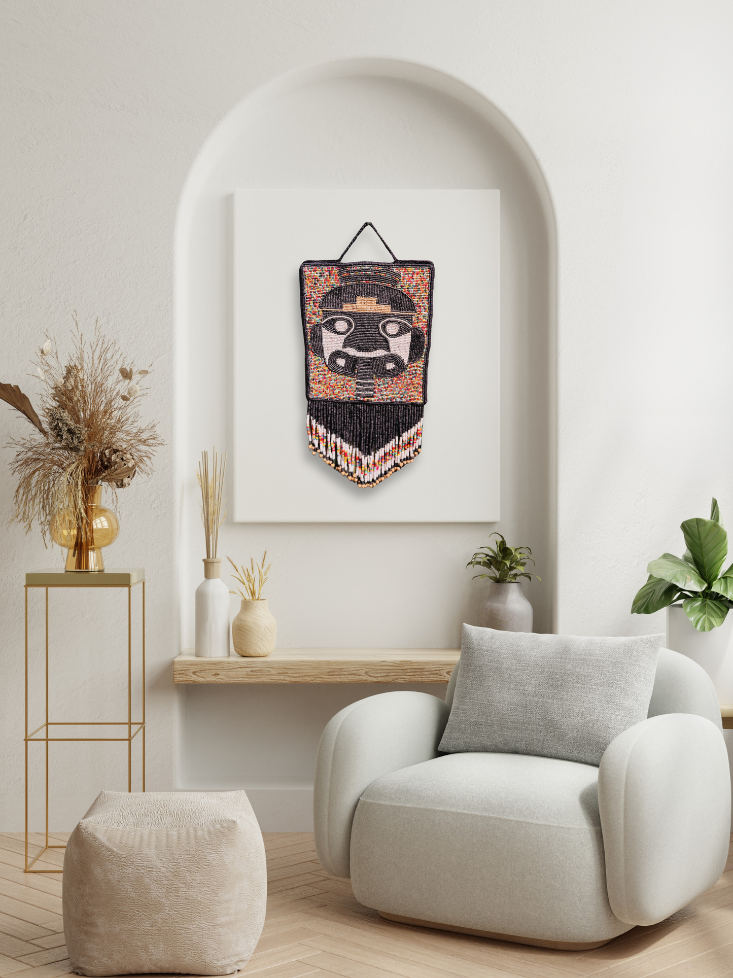 One-of-a-Kind Beaded Wall Art Hanging with Native Motifs - Handmade Ceramic Beads