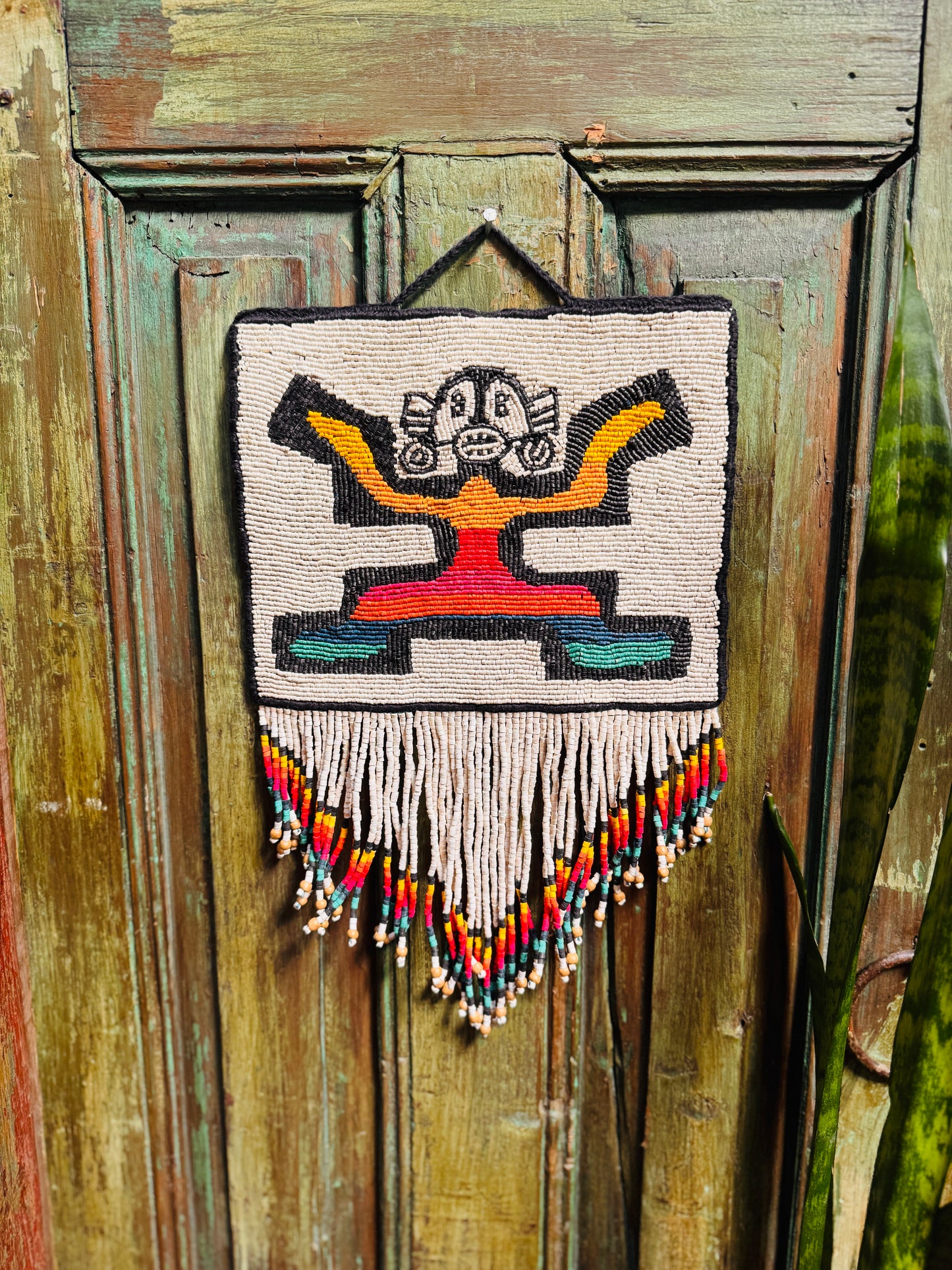 One-of-a-Kind Beaded Wall Art Hanging with Native Motifs - Handmade Ceramic Beads