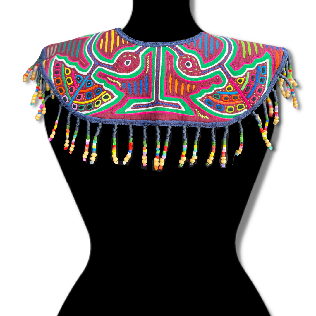 Textile Cape with Beaded Body Chains - "Mola Capa", Navy/Green