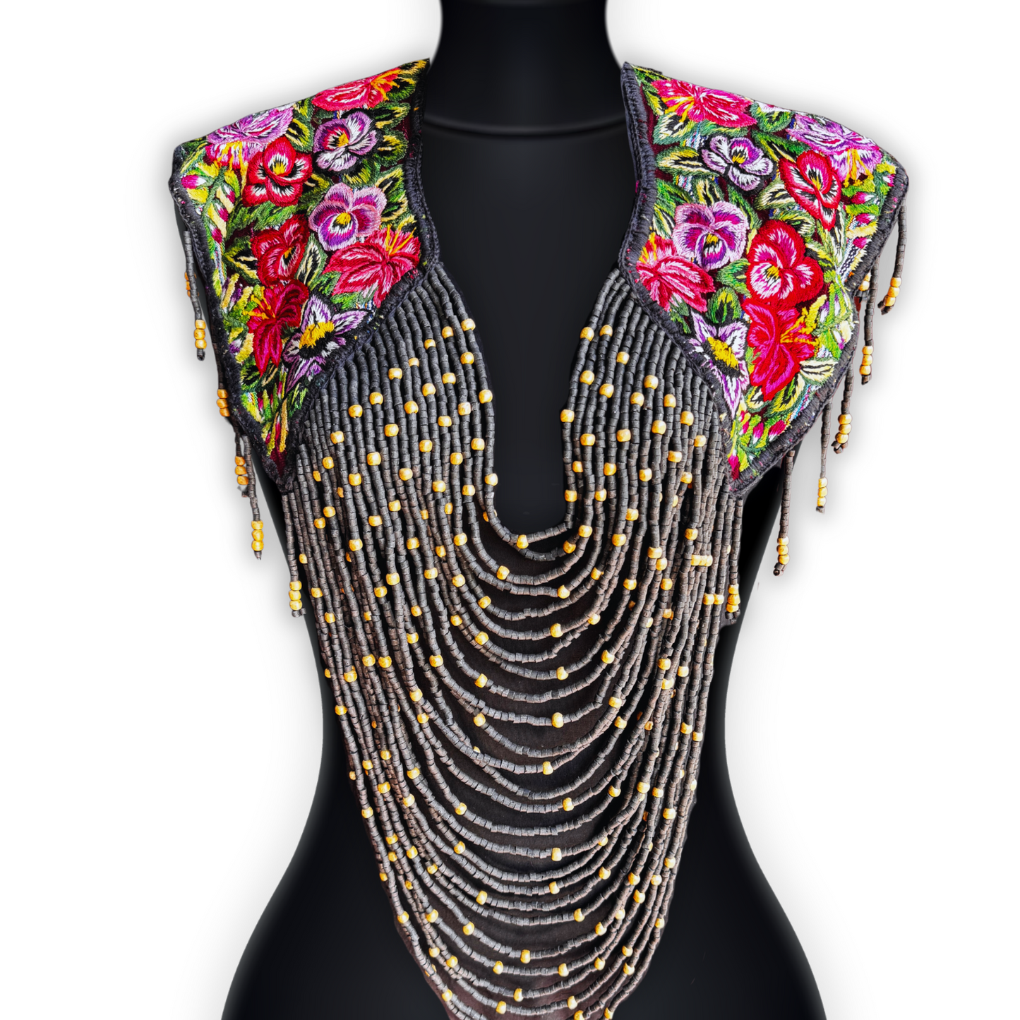 Shoulder Cape with Beads - Huipil Capa, Midnight Bloom