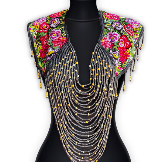 Shoulder Cape with Beads - Huipil Capa, Midnight Bloom