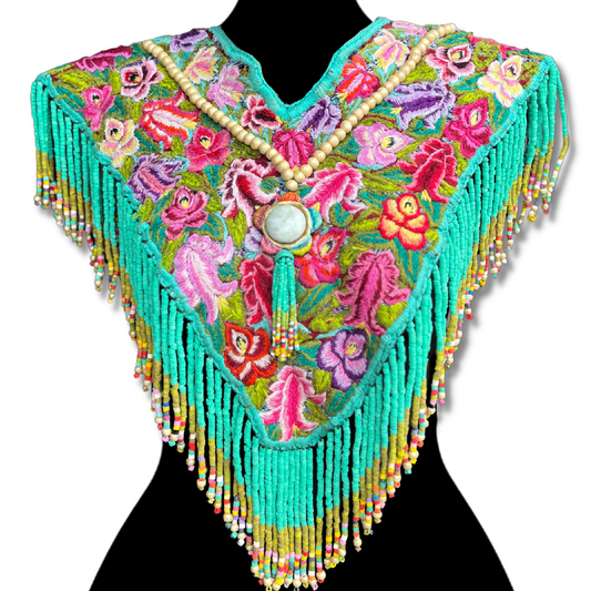 Textile Poncho with Beaded Fringes and Jade - "Poncho Cleopatra", Turquoise