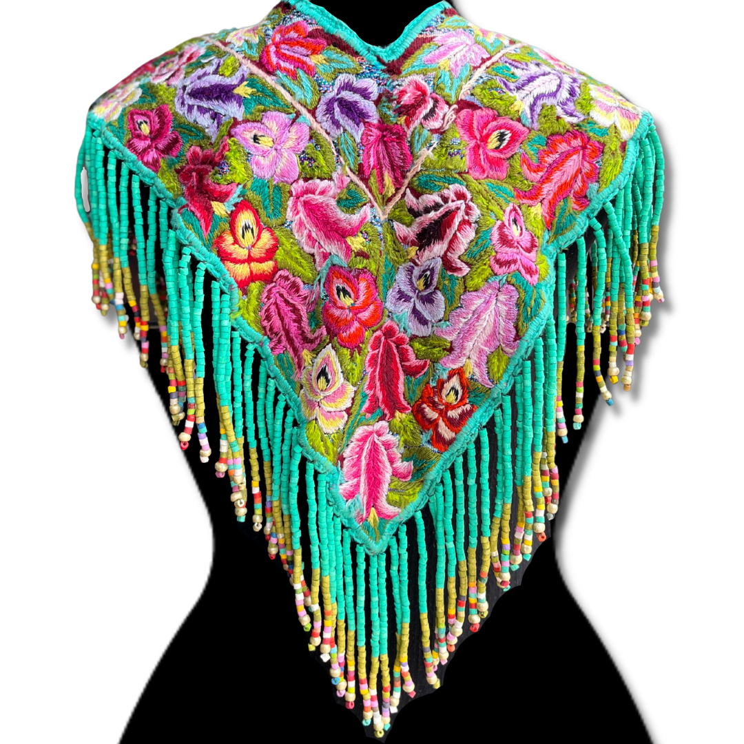 Textile Poncho with Beaded Fringes and Jade - "Poncho Cleopatra", Turquoise