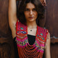 Ceremonial Mola Textile Necklace with Jade & Handmade Ceramic Beads, Red ceremony