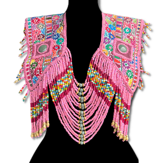 Textile Chest Piece with Chains, Fringes, and Jade - "Barbie"