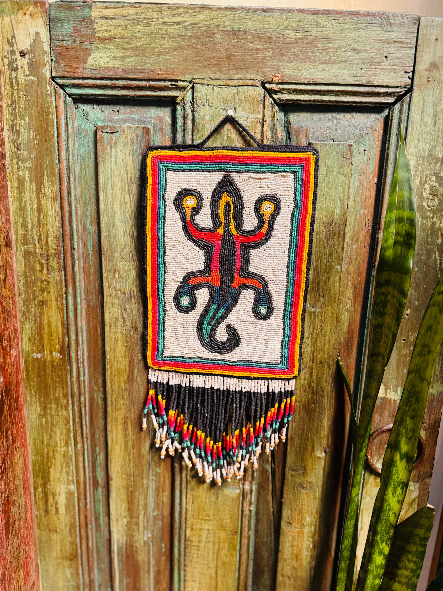 One-of-a-Kind Beaded Wall Art Hanging with Native Motifs - Handmade Ceramic Beads