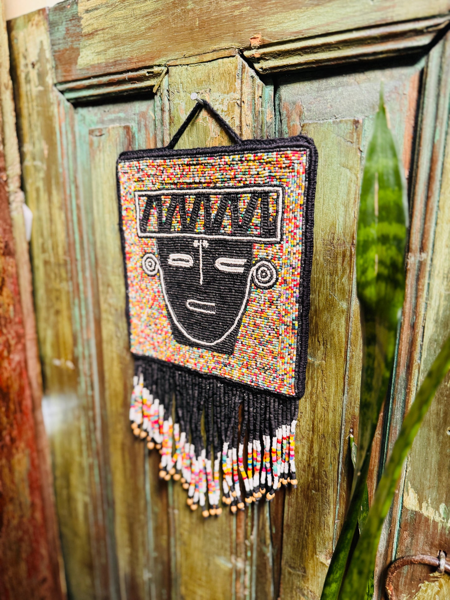 One-of-a-Kind Beaded Wall Art Hanging with Native Motifs - Handmade Ceramic Beads