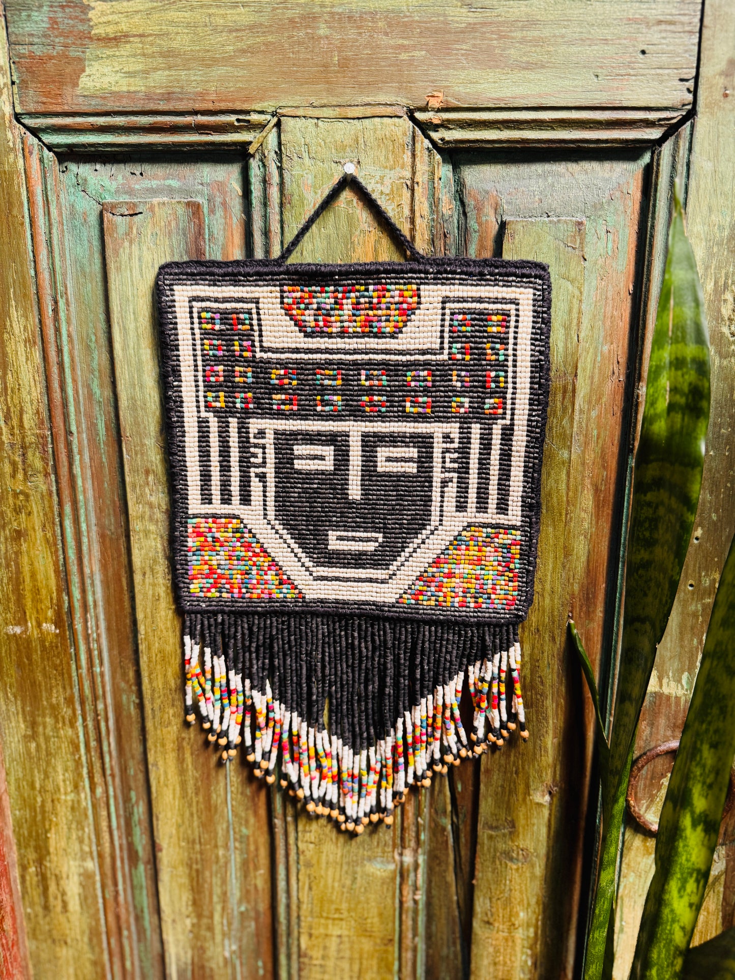 One-of-a-Kind Beaded Wall Art Hanging with Native Motifs - Handmade Ceramic Beads