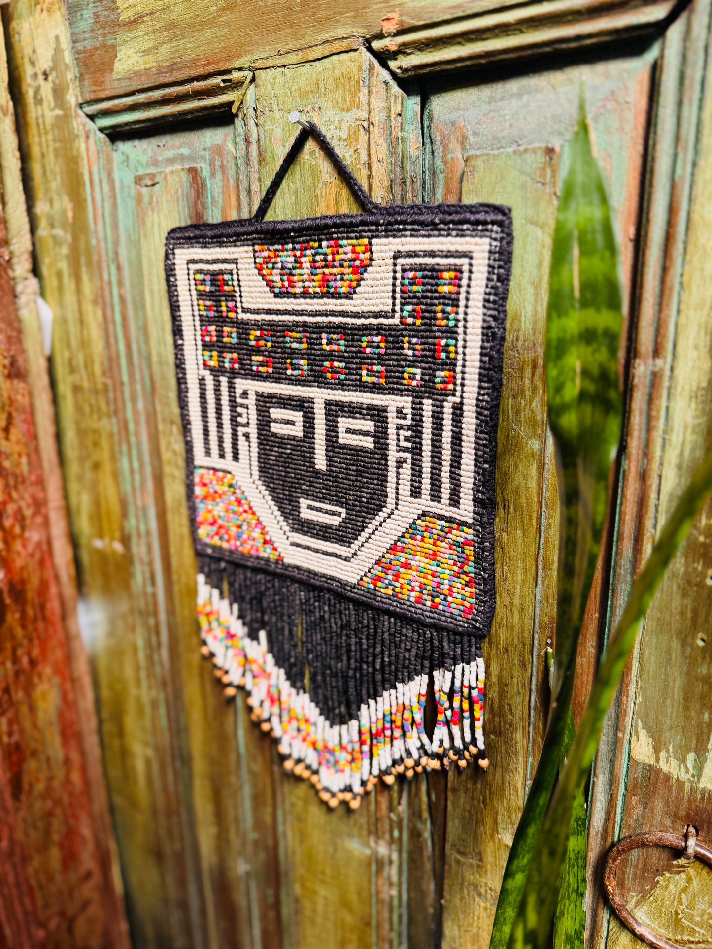 One-of-a-Kind Beaded Wall Art Hanging with Native Motifs - Handmade Ceramic Beads