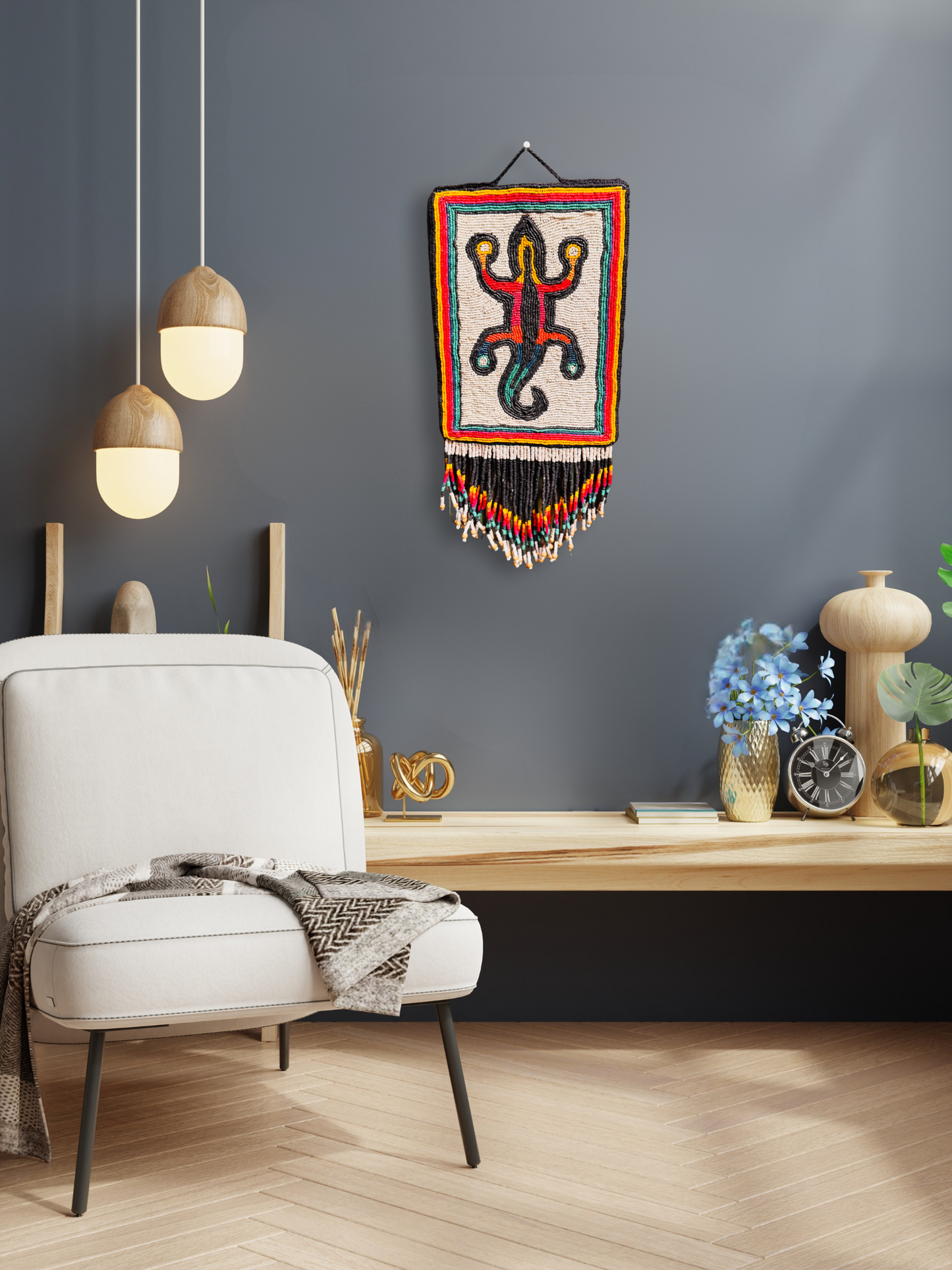 One-of-a-Kind Beaded Wall Art Hanging with Native Motifs - Handmade Ceramic Beads
