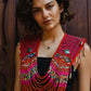 Ceremonial Mola Textile Necklace with Jade & Handmade Ceramic Beads, Red ceremony