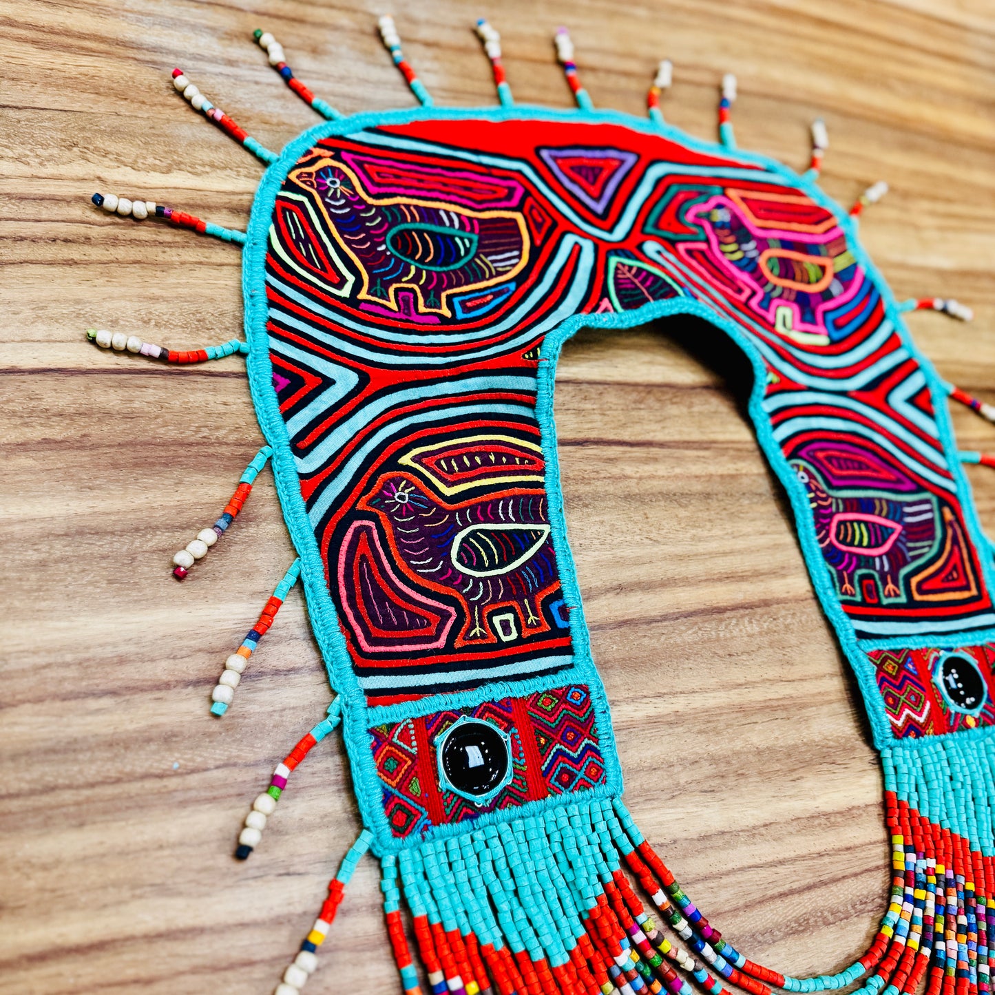 Ceremonial Mola Textile Necklace with Jade & Handmade Ceramic Beads, Turquesa