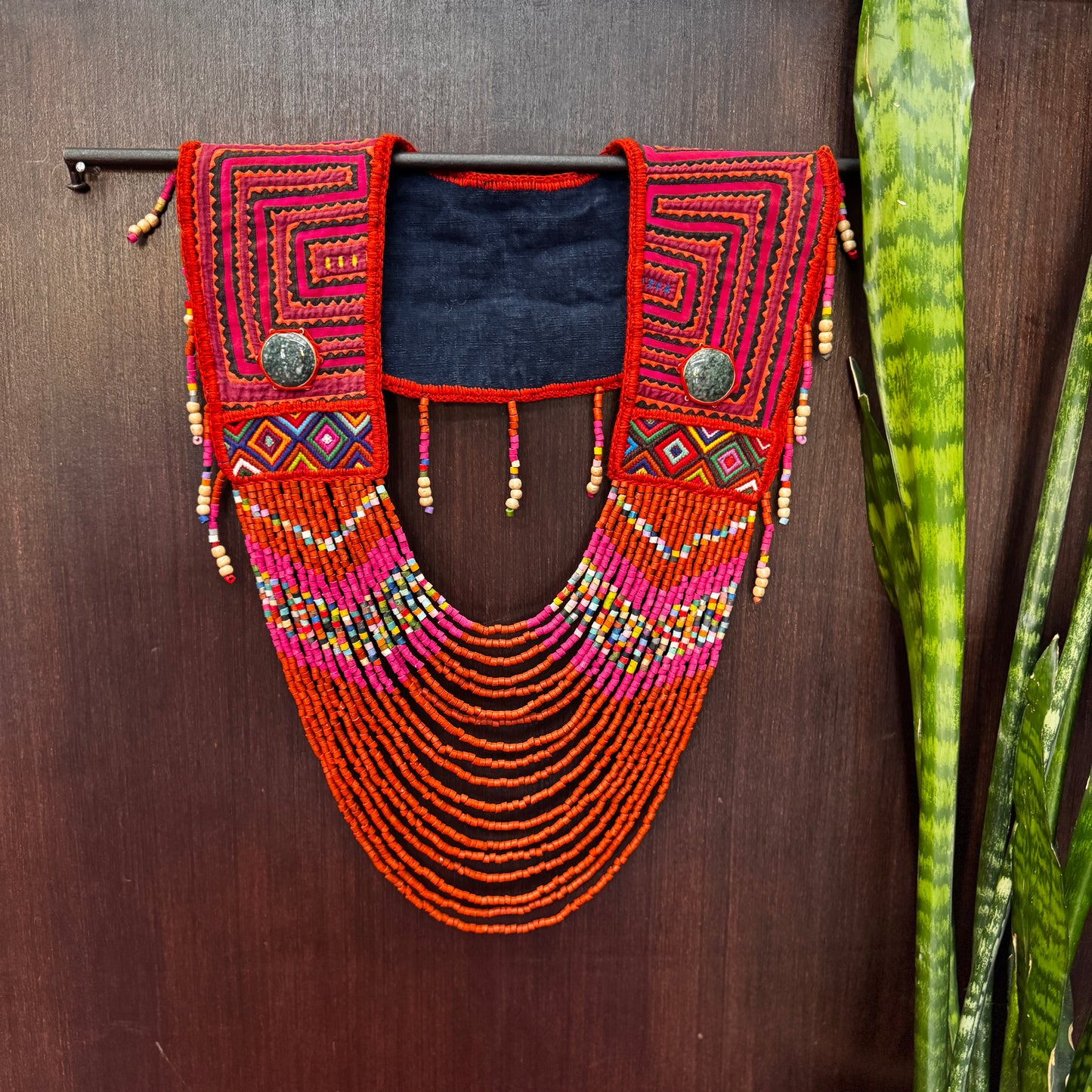 Ceremonial Mola Textile Necklace with Jade & Handmade Ceramic Beads, Red ceremony