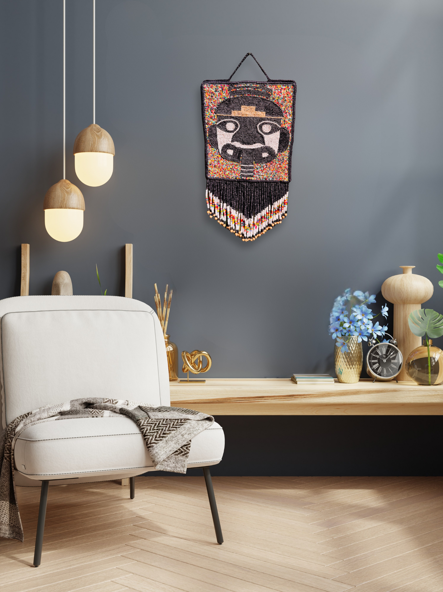 One-of-a-Kind Beaded Wall Art Hanging with Native Motifs - Handmade Ceramic Beads