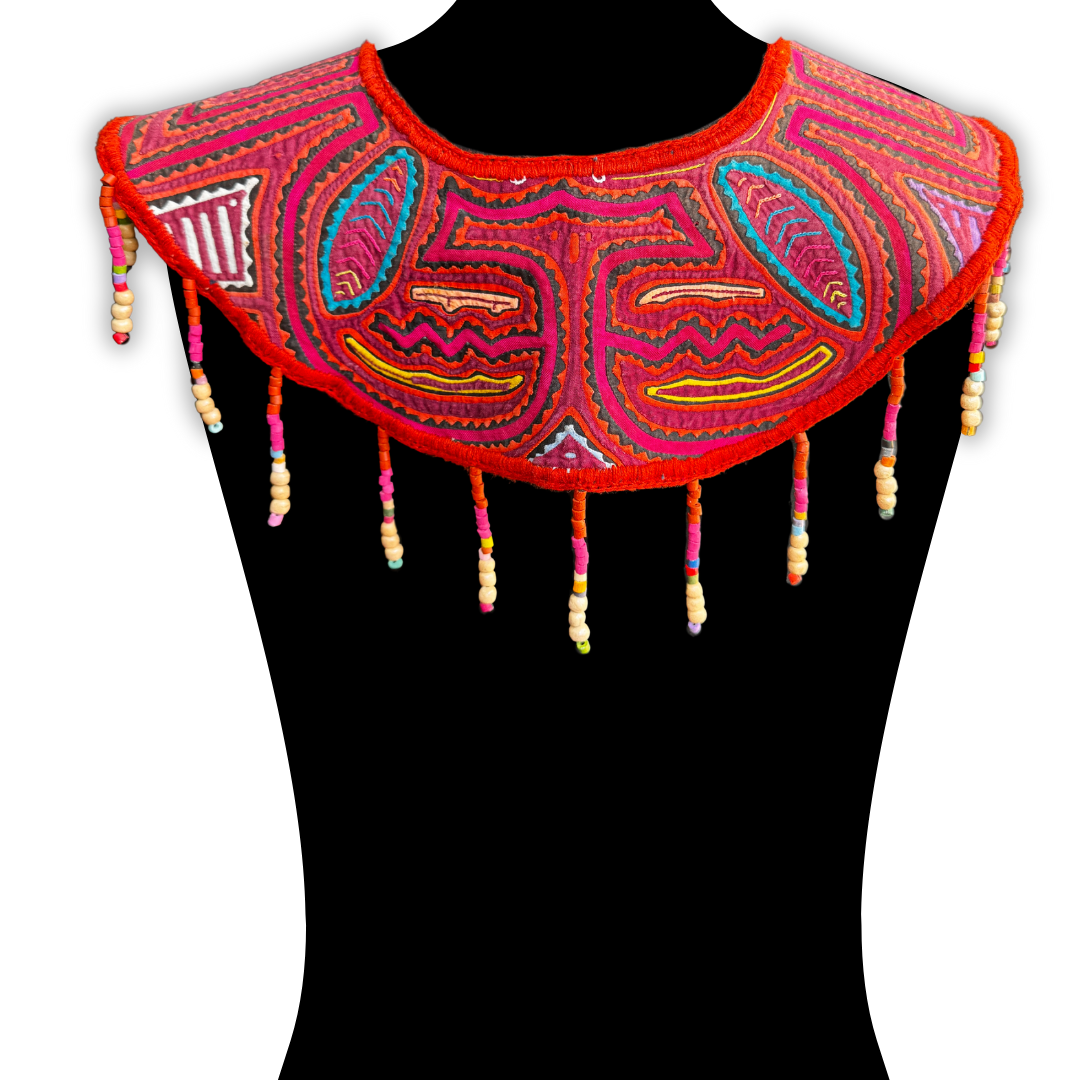 Ceremonial Mola Textile Necklace with Jade & Handmade Ceramic Beads, Red ceremony