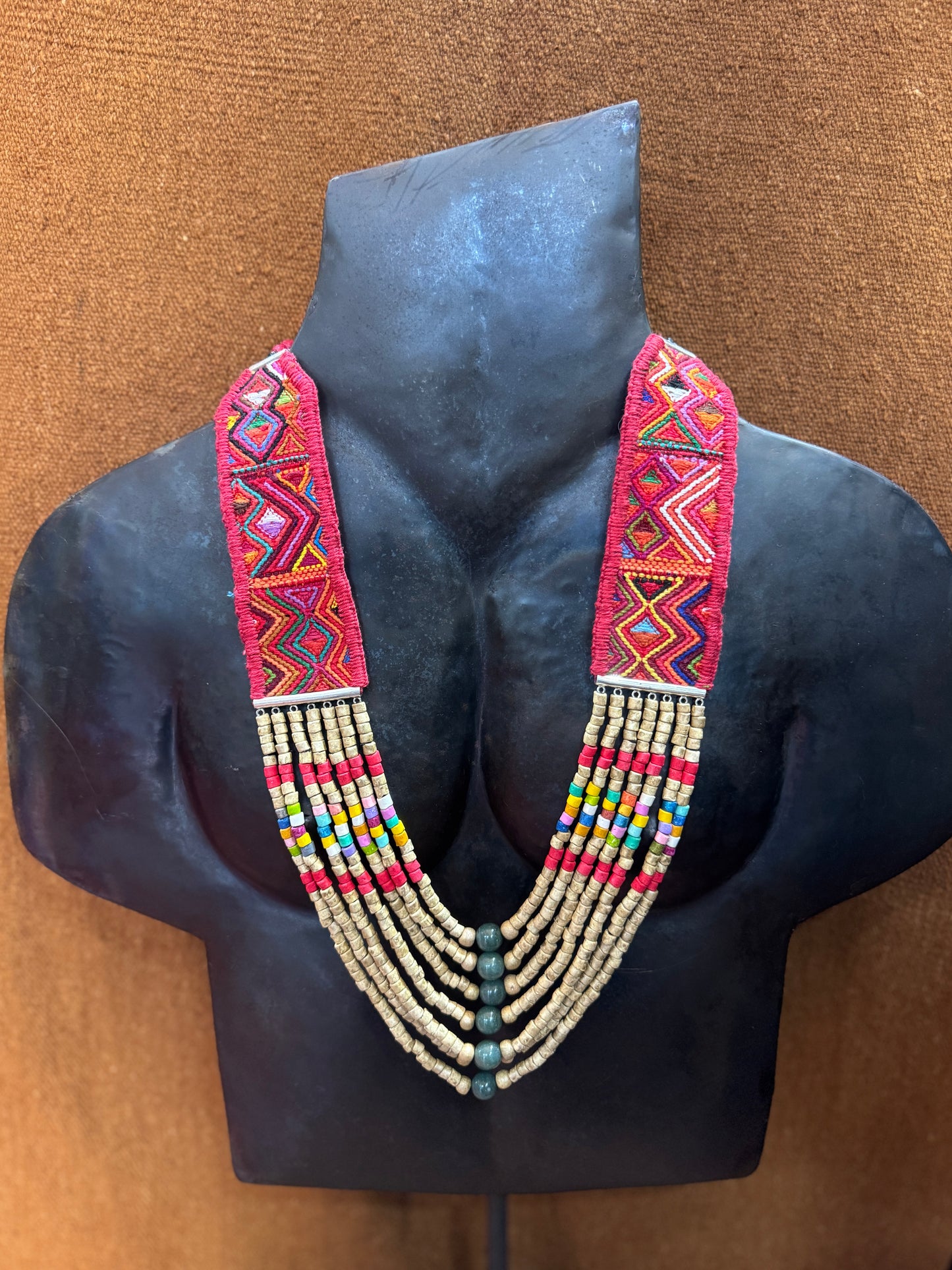 Adjustable Guatemalan Ceremonial Textile Necklace with Jade & Ceramic Beads, red and gold