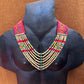 Adjustable Guatemalan Ceremonial Textile Necklace with Jade & Ceramic Beads, red and gold