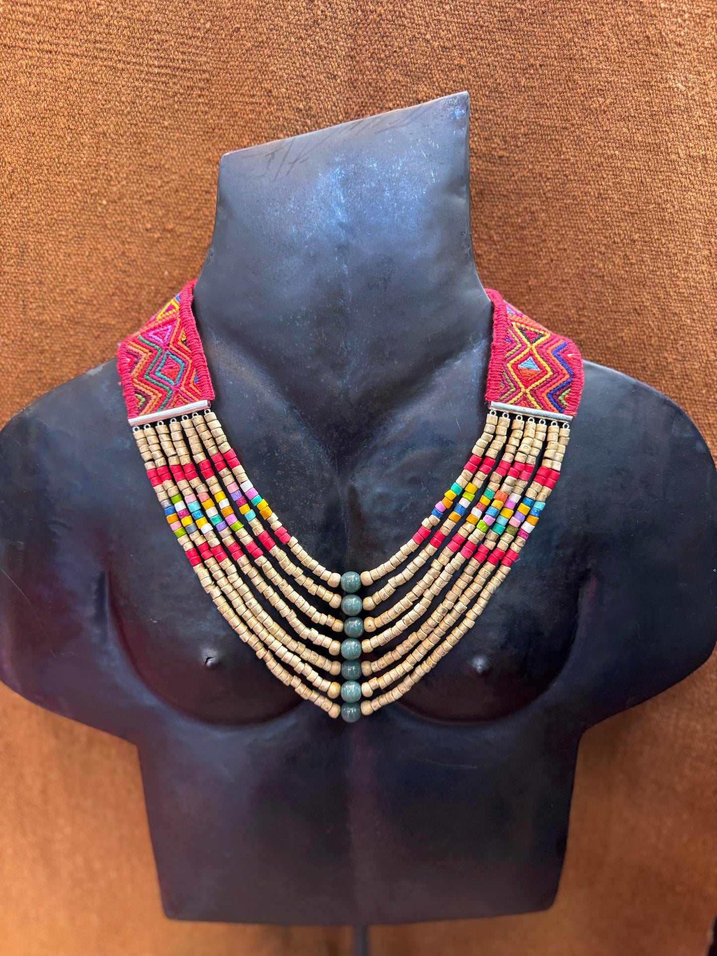 Adjustable Guatemalan Ceremonial Textile Necklace with Jade & Ceramic Beads, red and gold