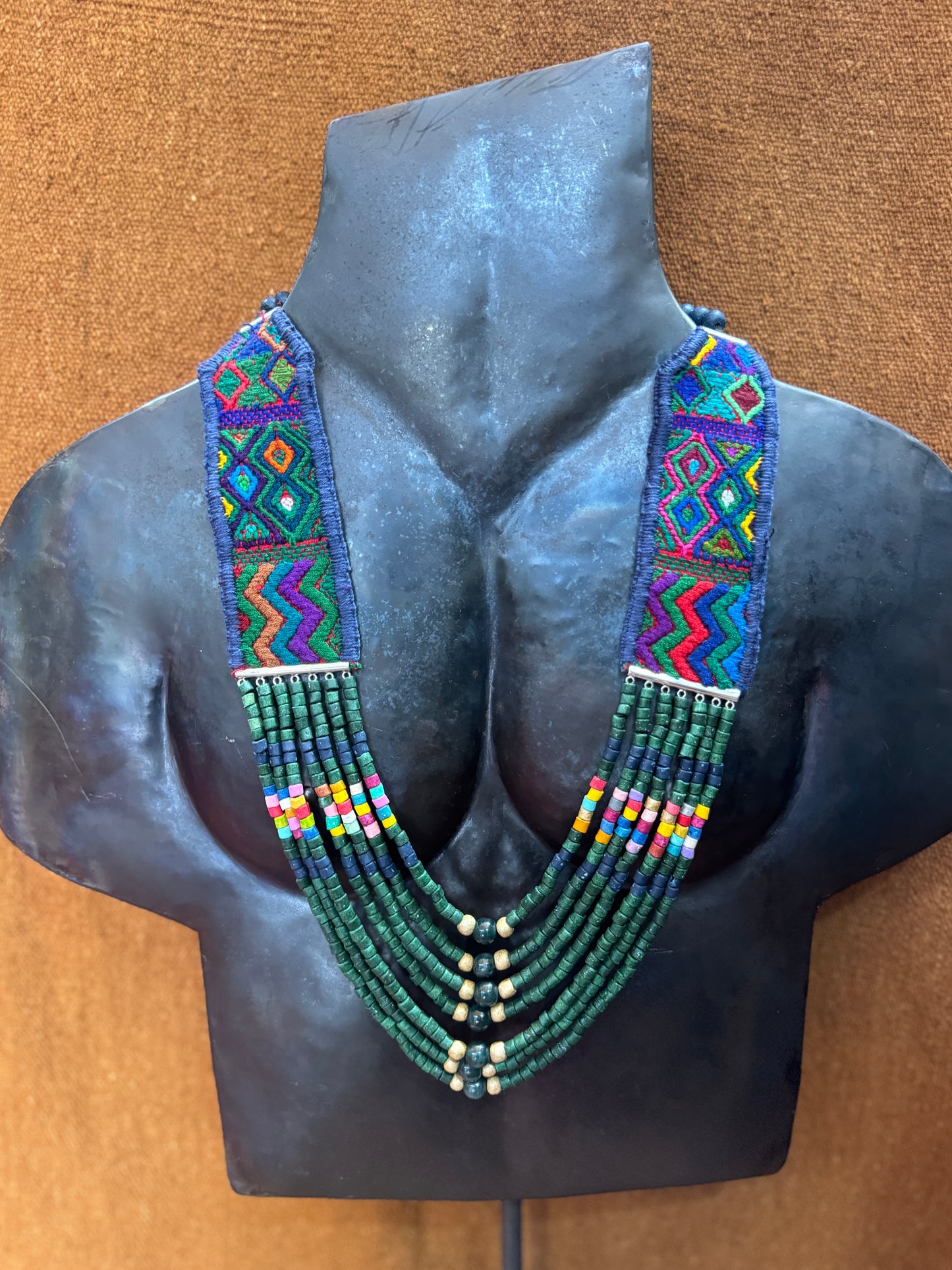 Adjustable Guatemalan Ceremonial Textile Necklace with Jade & Ceramic Beads, seaweed green