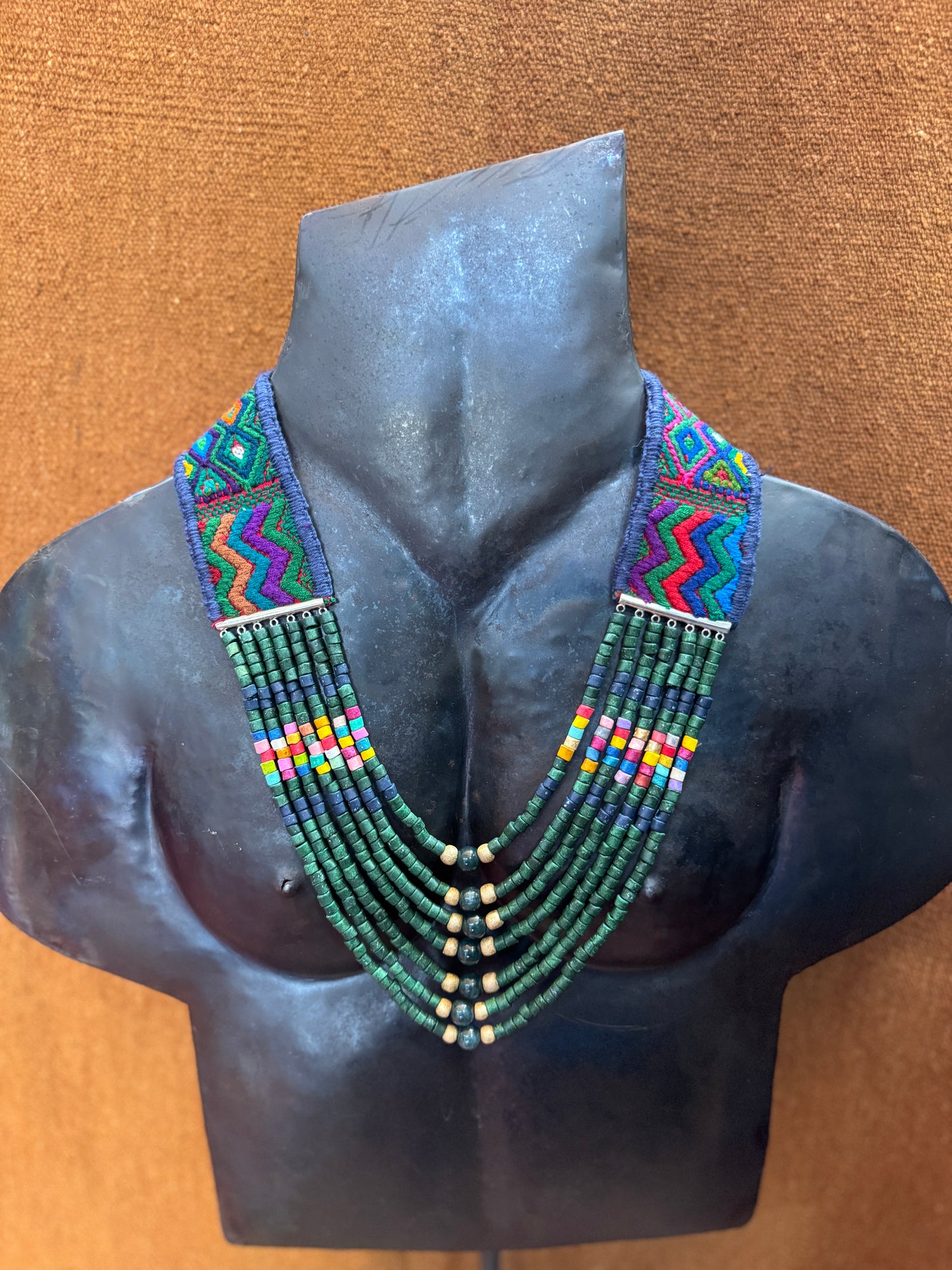 Adjustable Guatemalan Ceremonial Textile Necklace with Jade & Ceramic Beads, seaweed green