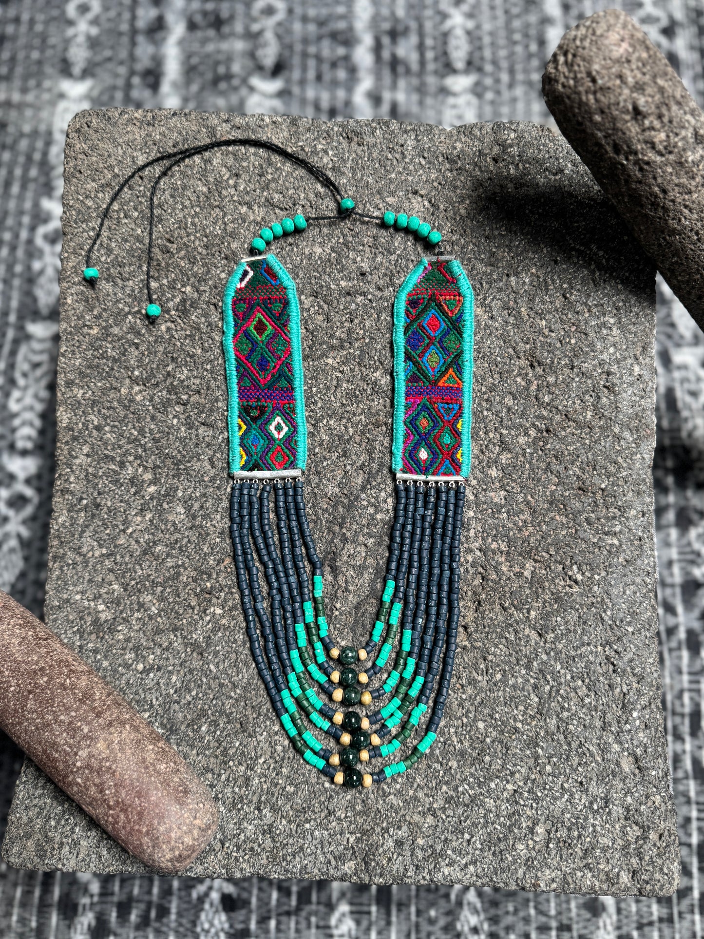 Adjustable Guatemalan Ceremonial Textile Necklace with Jade & Ceramic Beads, ocean shades