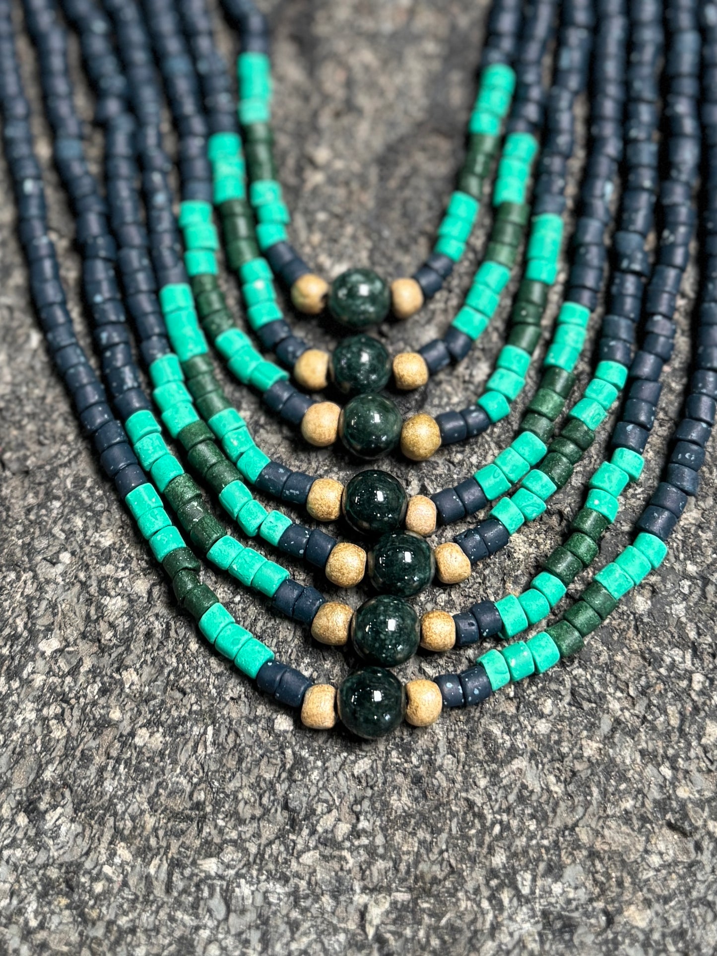 Adjustable Guatemalan Ceremonial Textile Necklace with Jade & Ceramic Beads, ocean shades