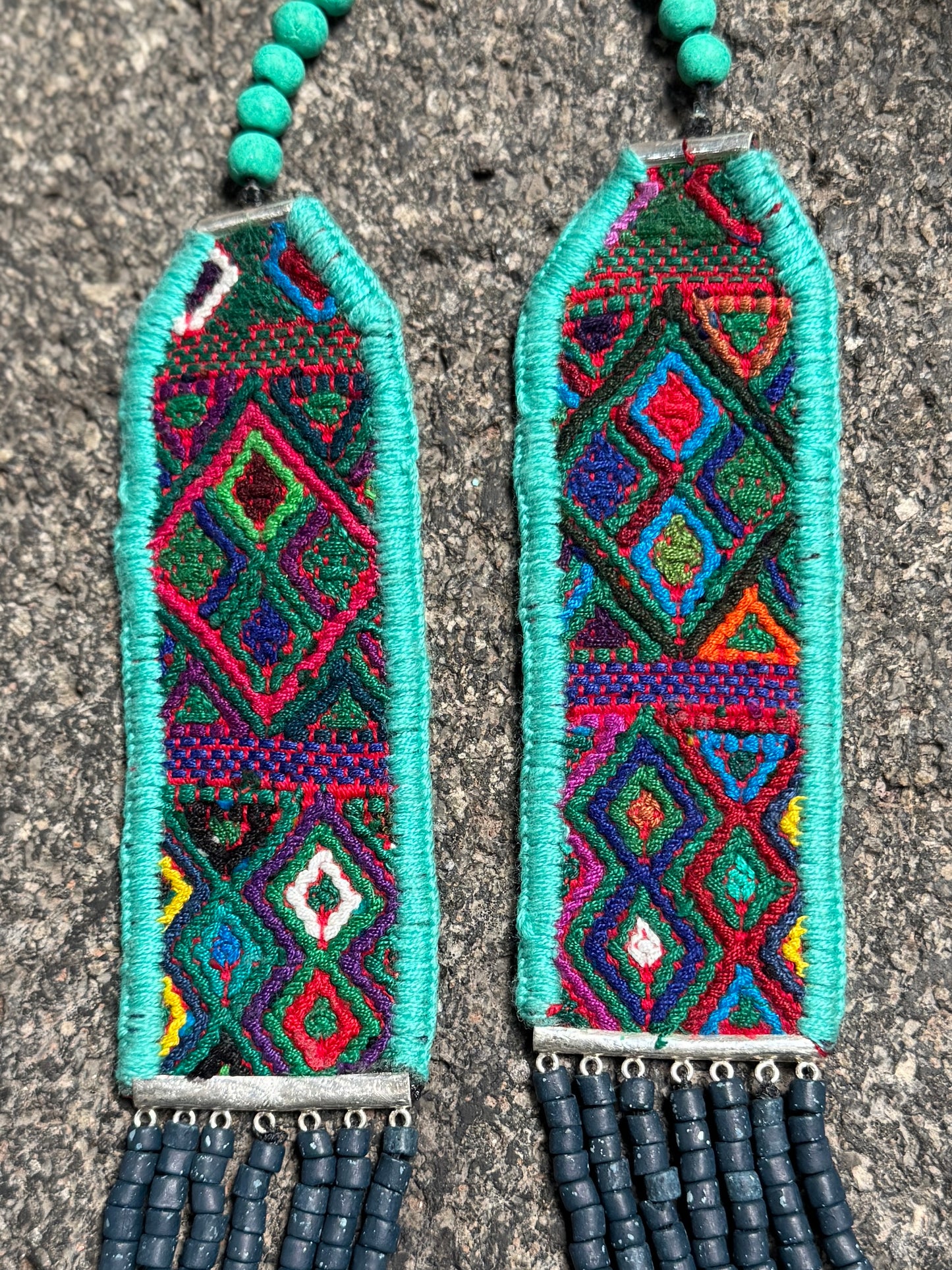 Adjustable Guatemalan Ceremonial Textile Necklace with Jade & Ceramic Beads, ocean shades