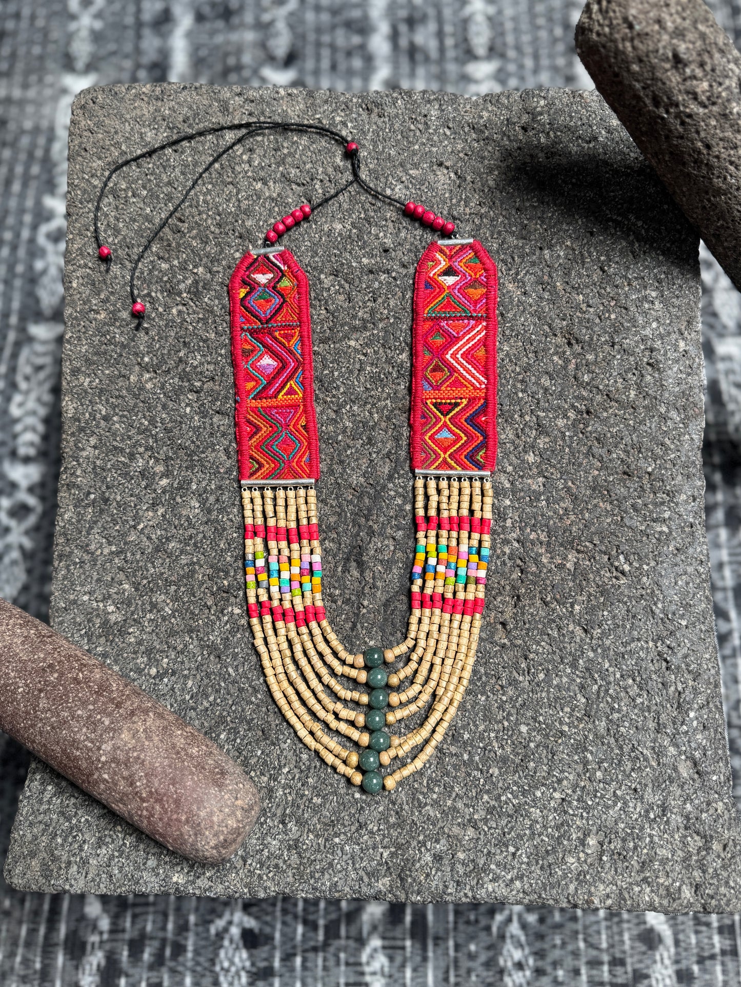Adjustable Guatemalan Ceremonial Textile Necklace with Jade & Ceramic Beads, red and gold