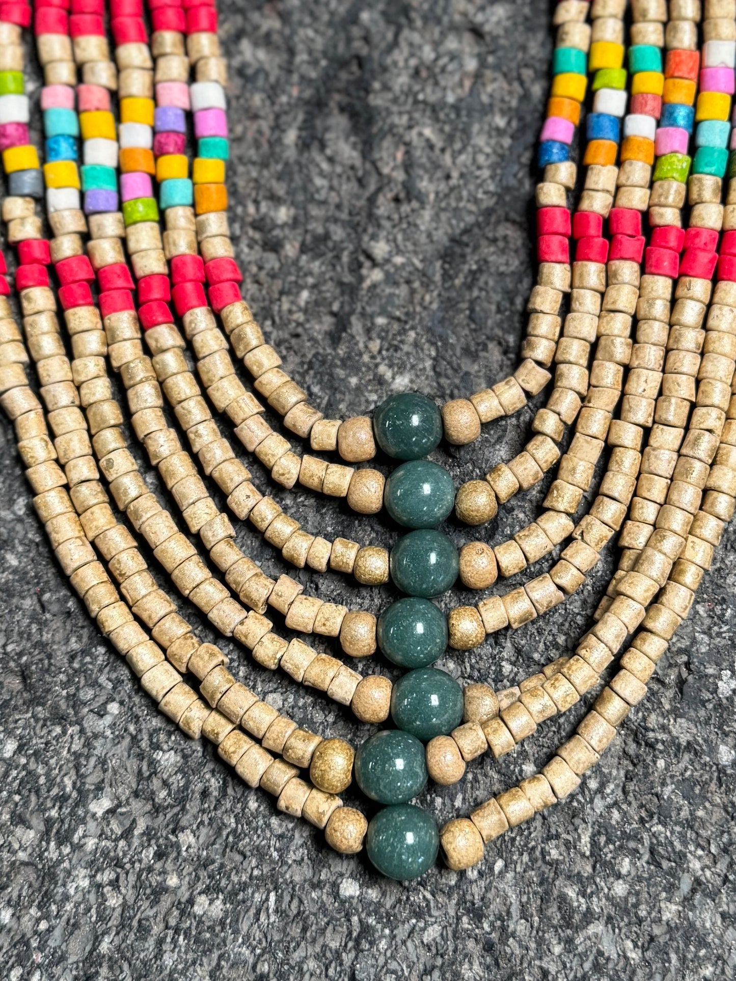 Adjustable Guatemalan Ceremonial Textile Necklace with Jade & Ceramic Beads, red and gold