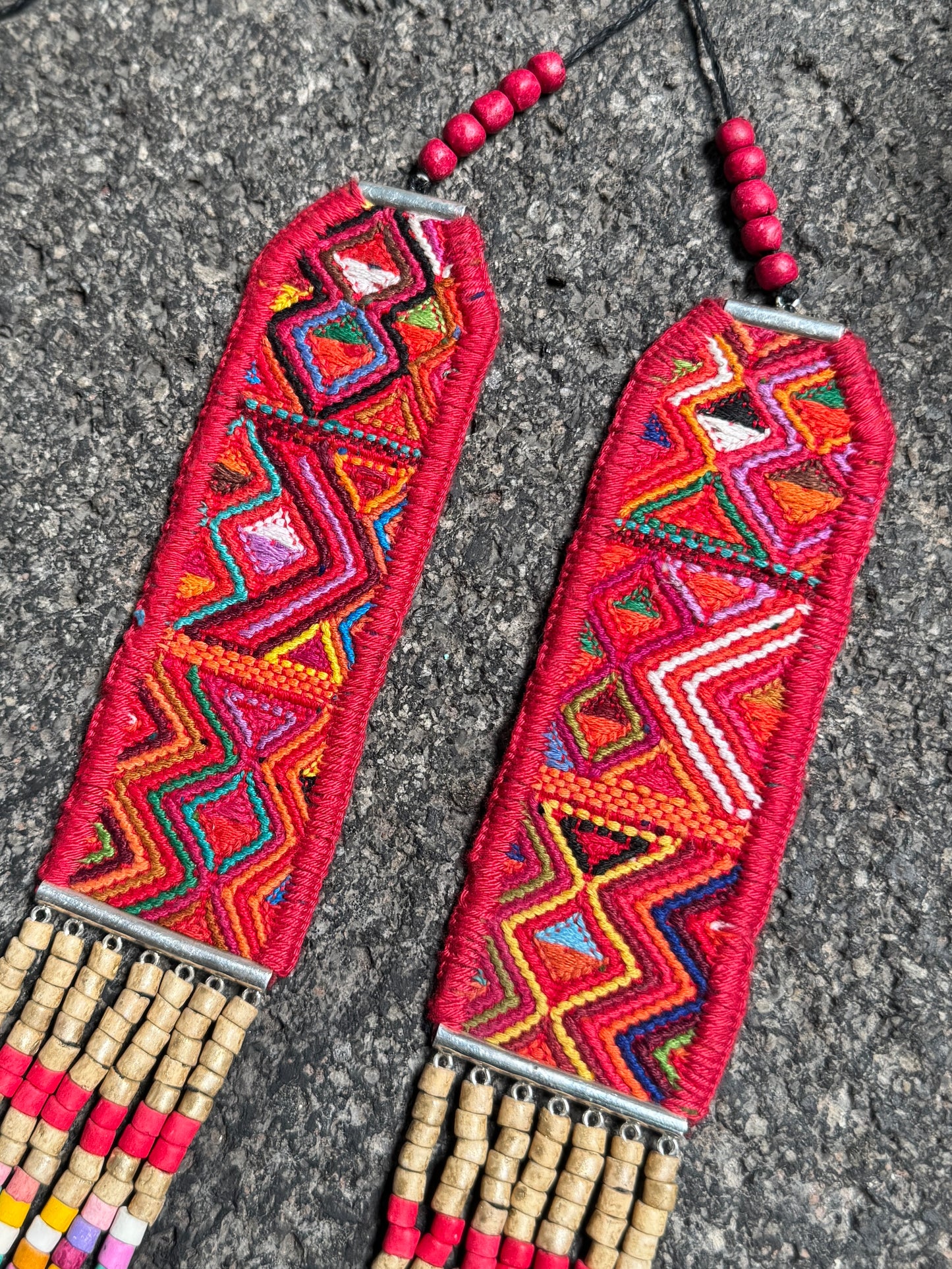 Adjustable Guatemalan Ceremonial Textile Necklace with Jade & Ceramic Beads, red and gold