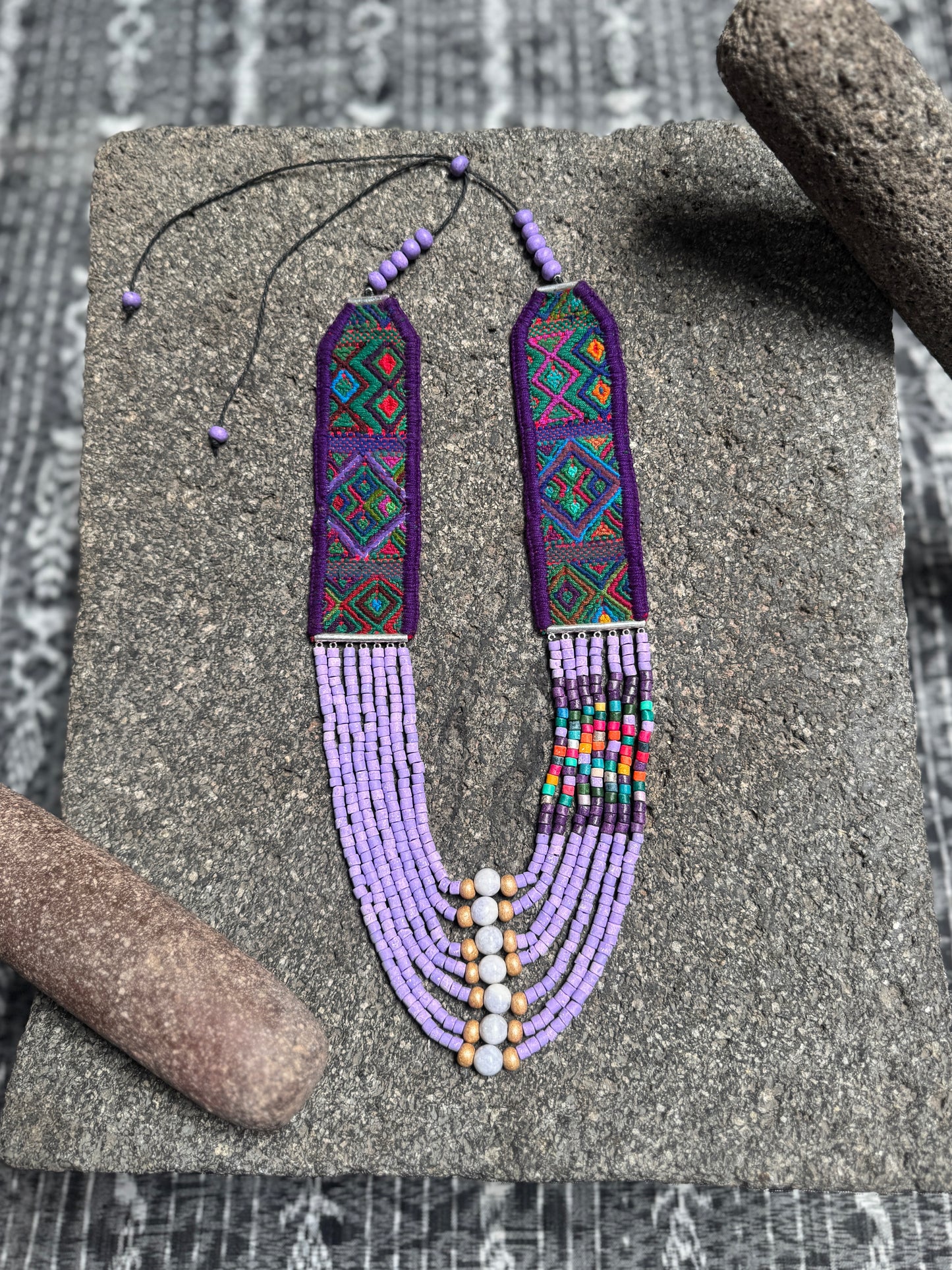 Adjustable Guatemalan Ceremonial Textile Necklace with Lavender Jade & Ceramic Beads, pastel purple