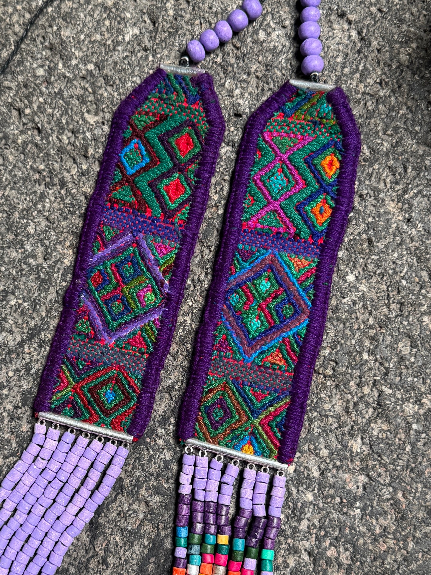 Adjustable Guatemalan Ceremonial Textile Necklace with Lavender Jade & Ceramic Beads, pastel purple