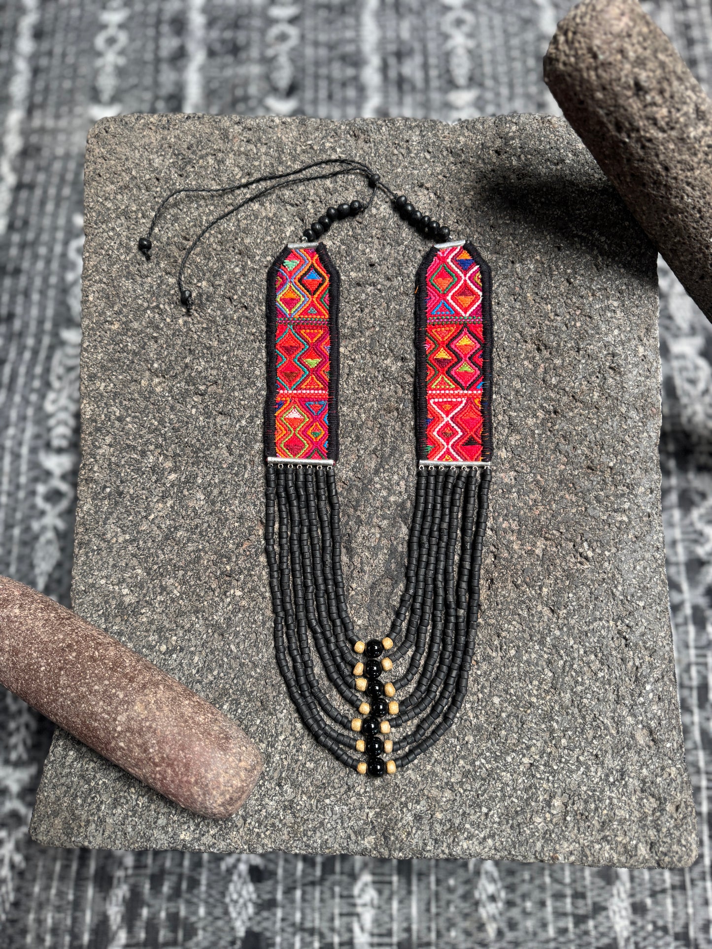 Adjustable Guatemalan Ceremonial Textile Necklace with Jade & Ceramic Beads, black