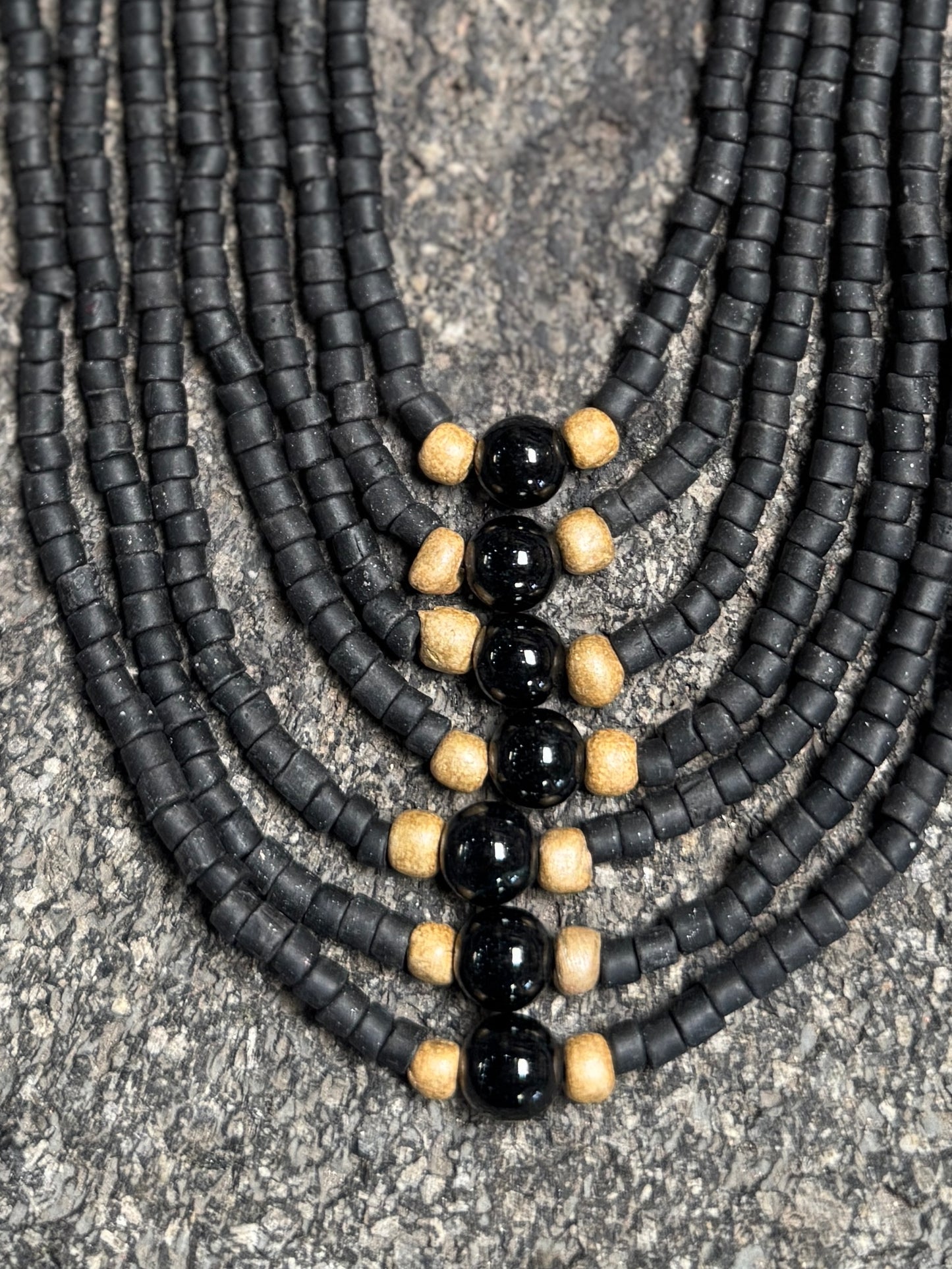 Adjustable Guatemalan Ceremonial Textile Necklace with Jade & Ceramic Beads, black