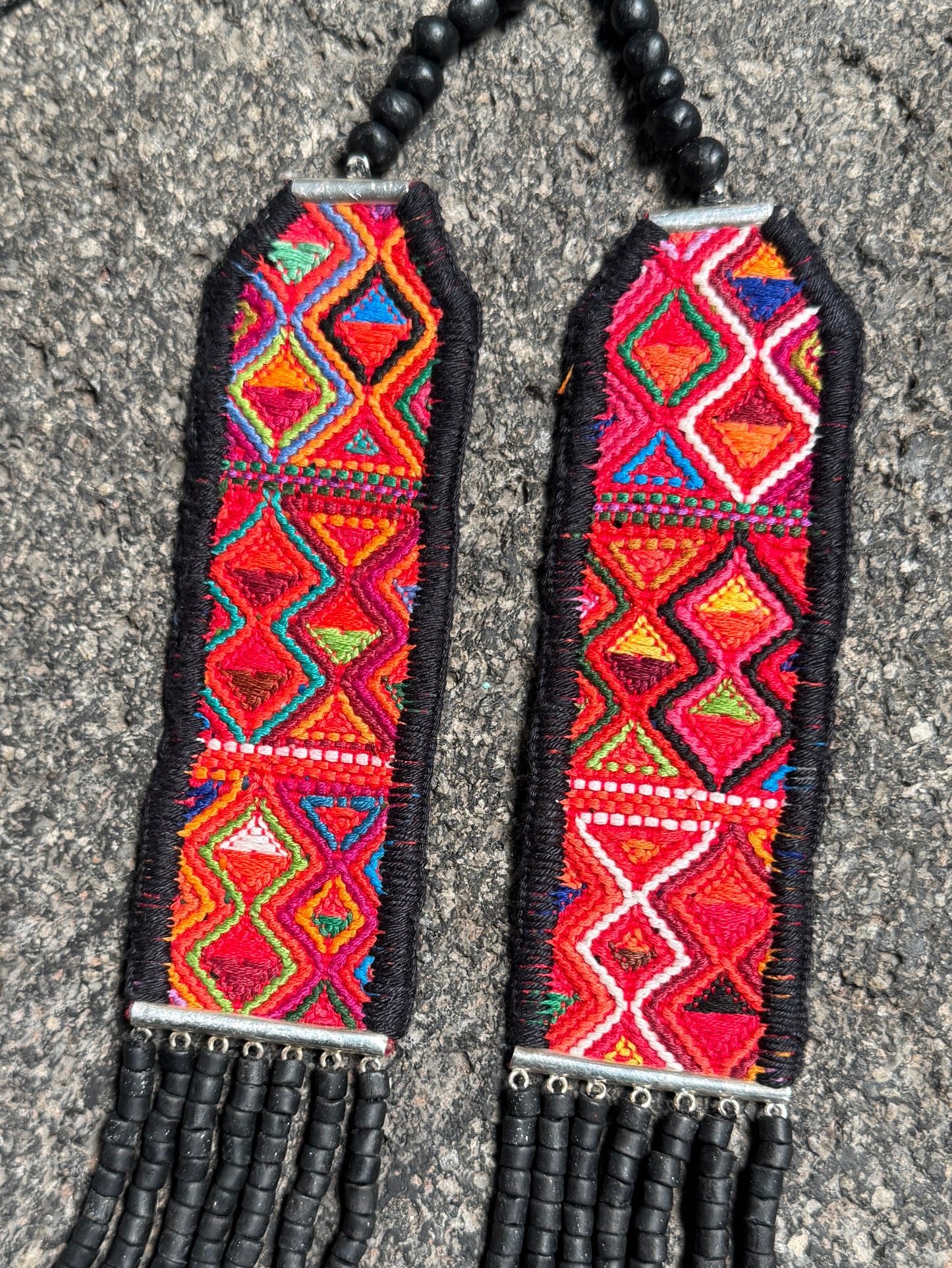 Adjustable Guatemalan Ceremonial Textile Necklace with Jade & Ceramic Beads, black
