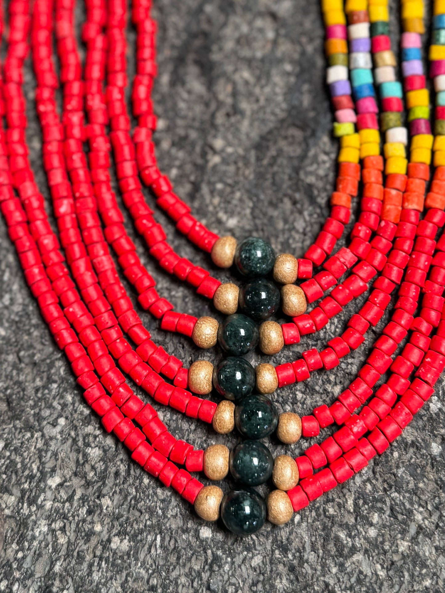 Adjustable Guatemalan Ceremonial Textile Necklace with Jade & Ceramic Beads, red and yellow