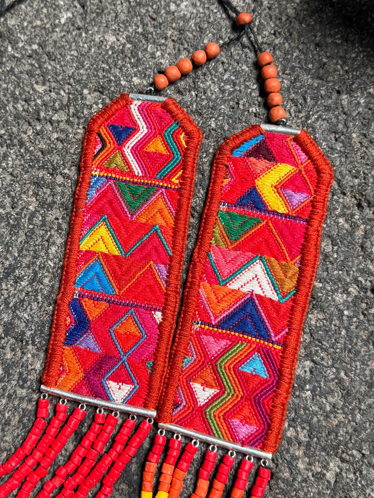 Adjustable Guatemalan Ceremonial Textile Necklace with Jade & Ceramic Beads, red and yellow
