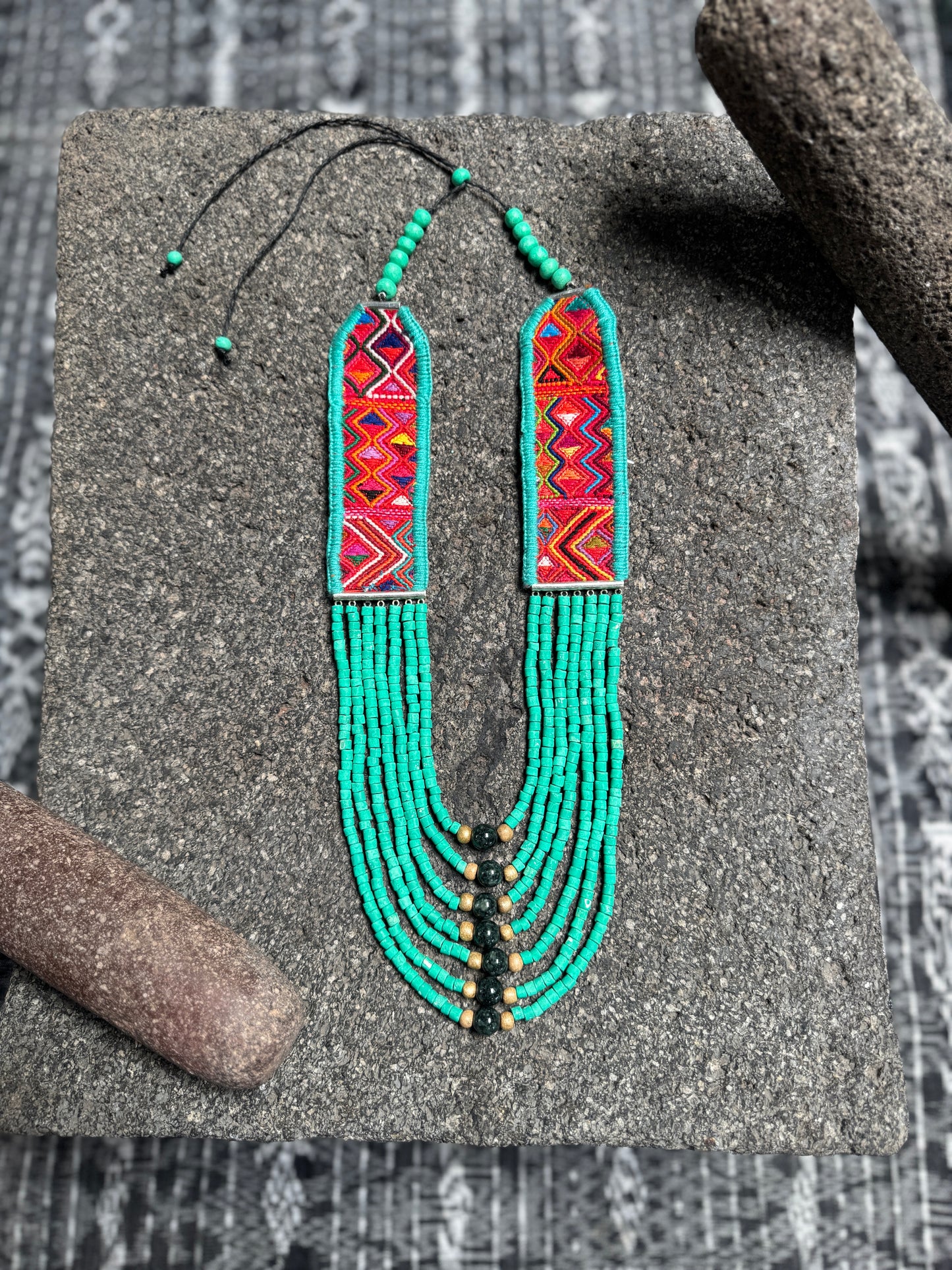 Adjustable Guatemalan Ceremonial Textile Necklace with Jade & Ceramic Beads, turquoise