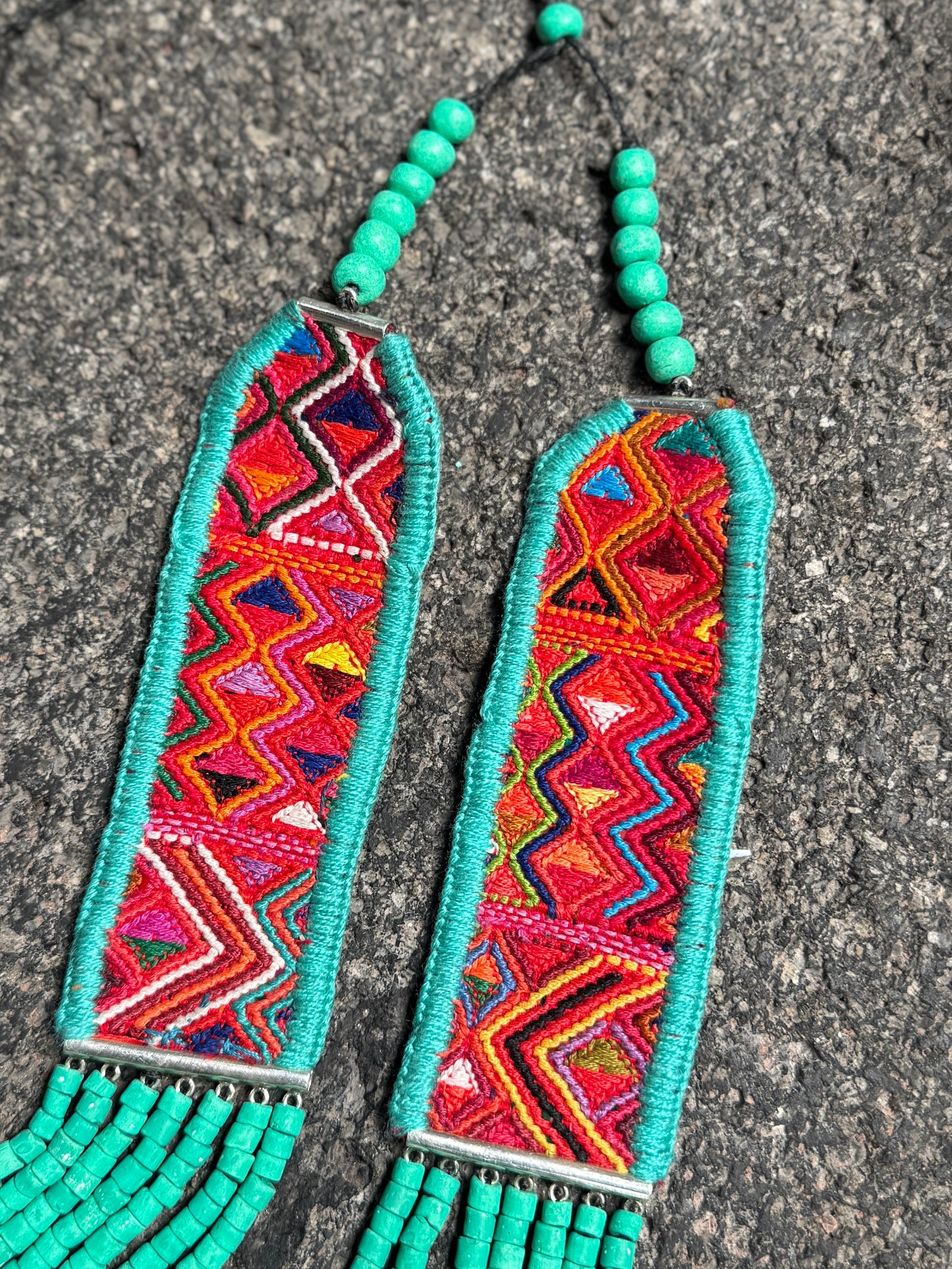 Adjustable Guatemalan Ceremonial Textile Necklace with Jade & Ceramic Beads, turquoise