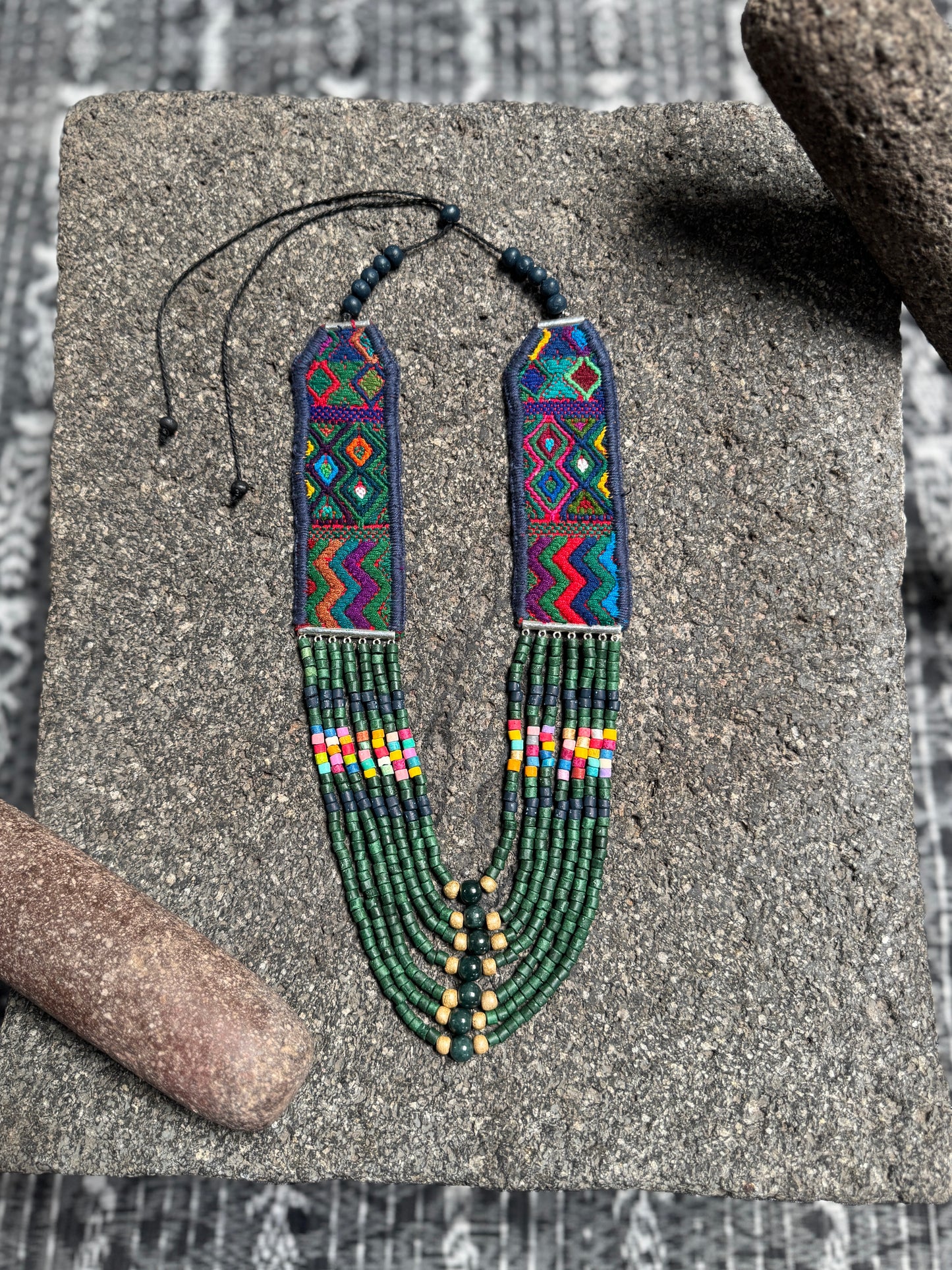 Adjustable Guatemalan Ceremonial Textile Necklace with Jade & Ceramic Beads, seaweed green