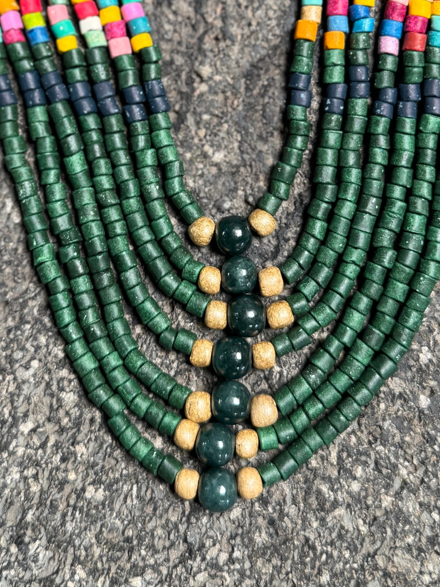 Adjustable Guatemalan Ceremonial Textile Necklace with Jade & Ceramic Beads, seaweed green