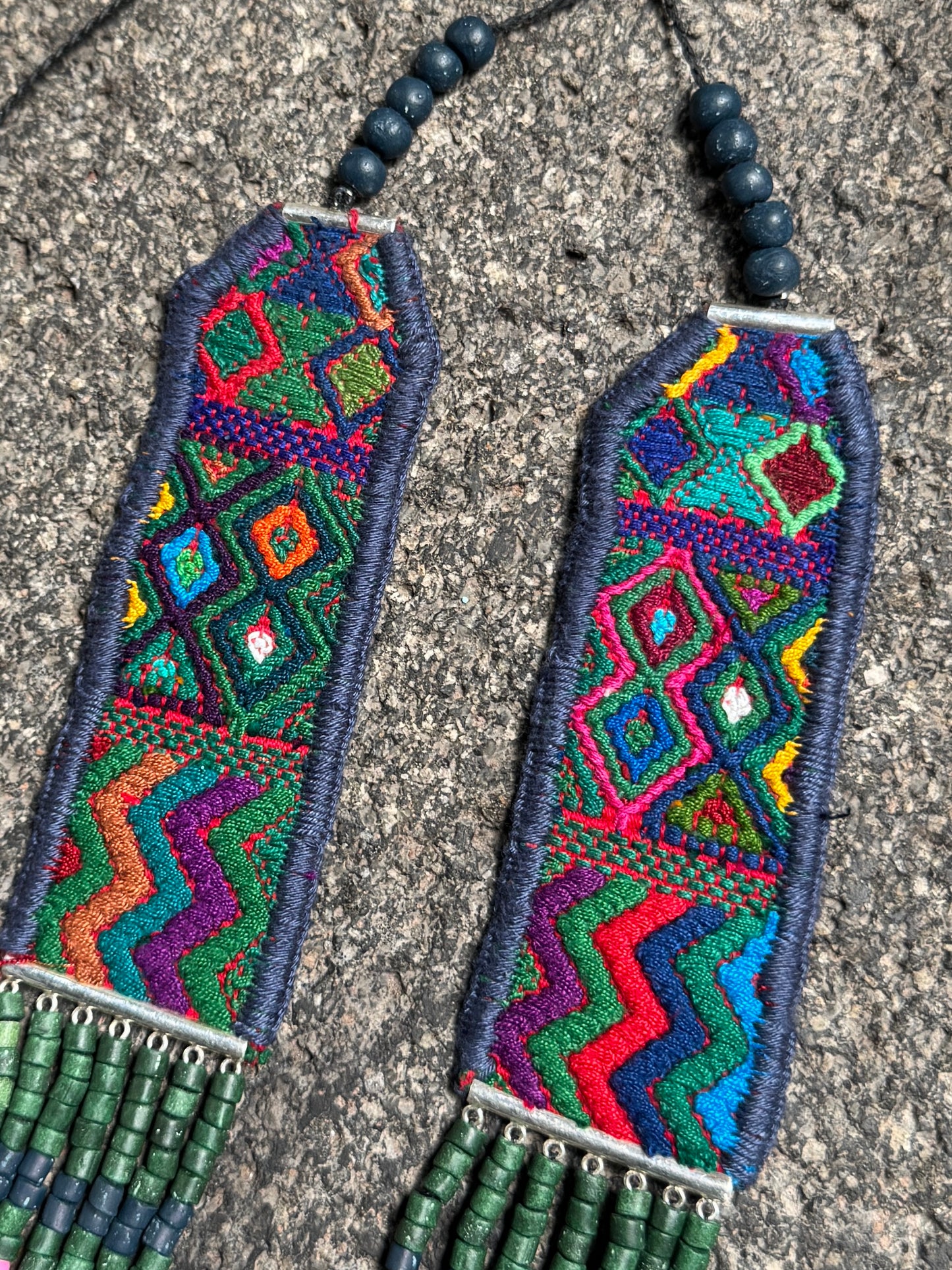Adjustable Guatemalan Ceremonial Textile Necklace with Jade & Ceramic Beads, seaweed green