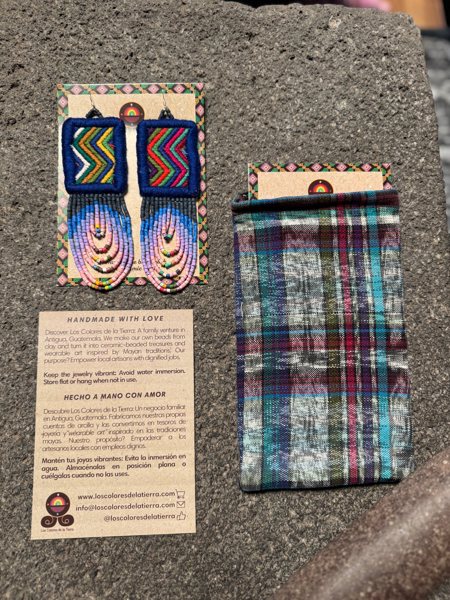Handmade Beaded Earrings with Ceremonial Textile from Aguacatán and Clay Bead Drops, navy square