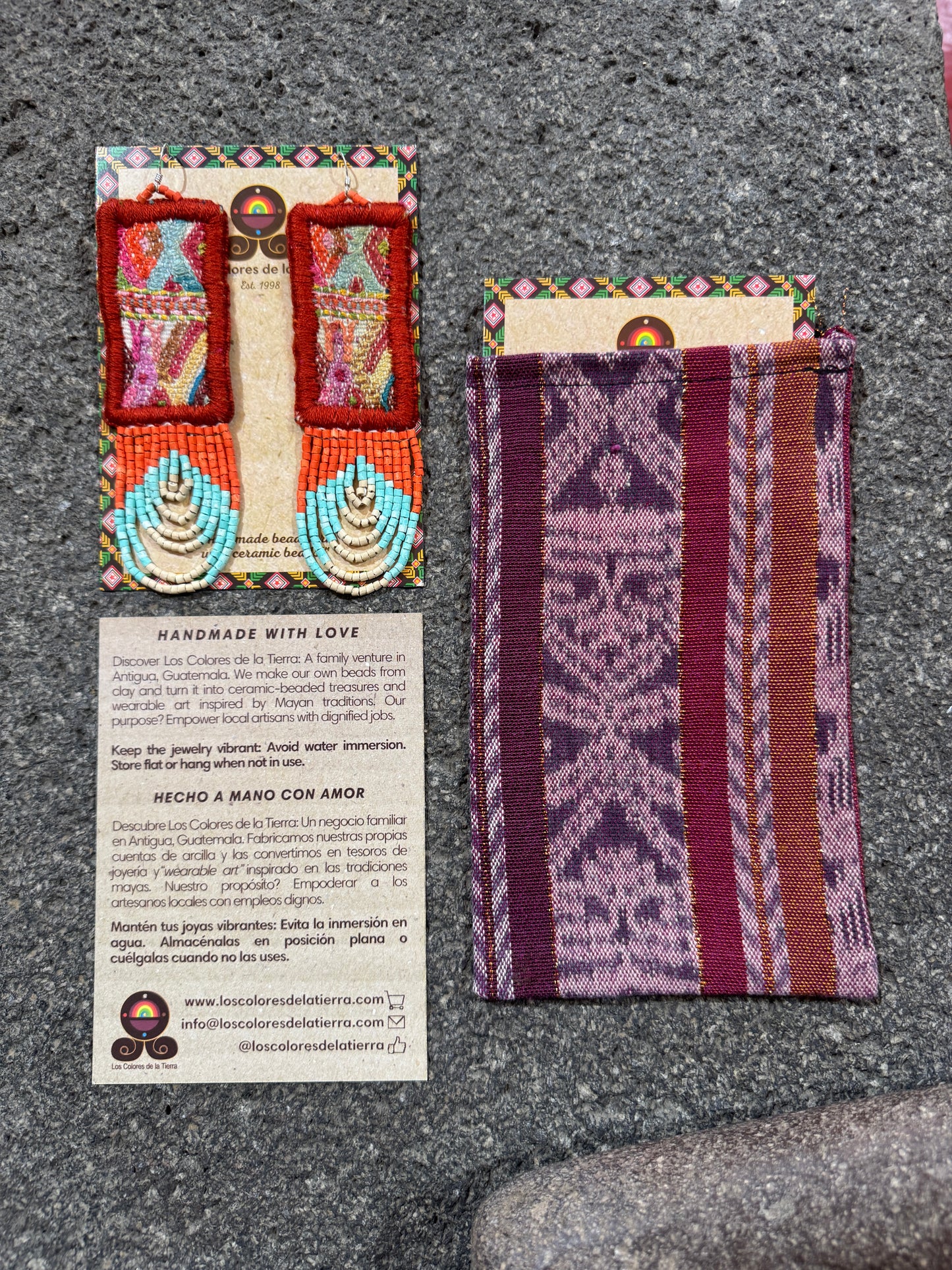 Handmade Beaded Earrings with Vintage Textile from Chichi and Clay Bead Drops, burnt orange rectangle