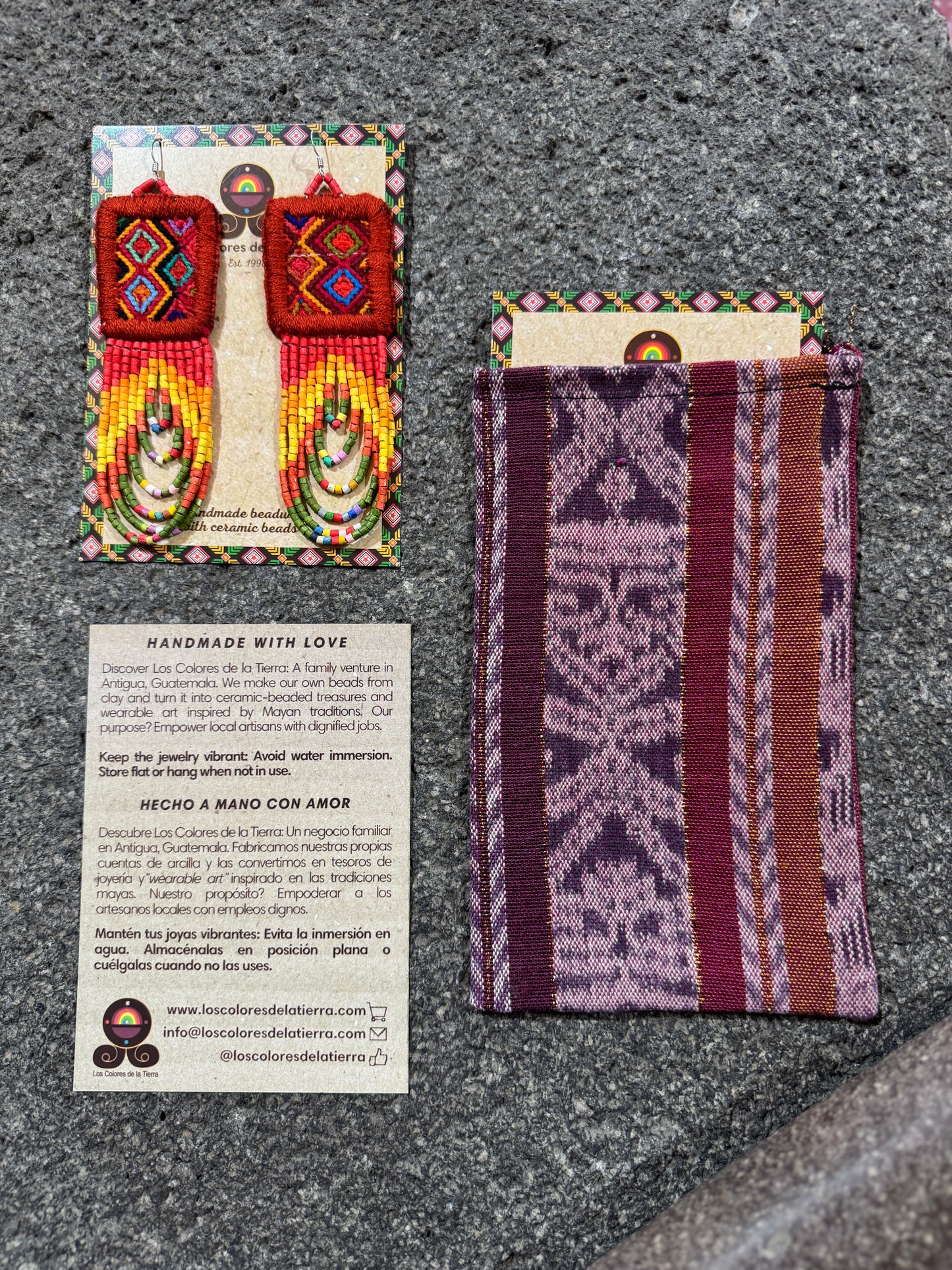 Handmade Beaded Earrings with Ceremonial Textile from Aguacatán and Clay Bead Drops, red square